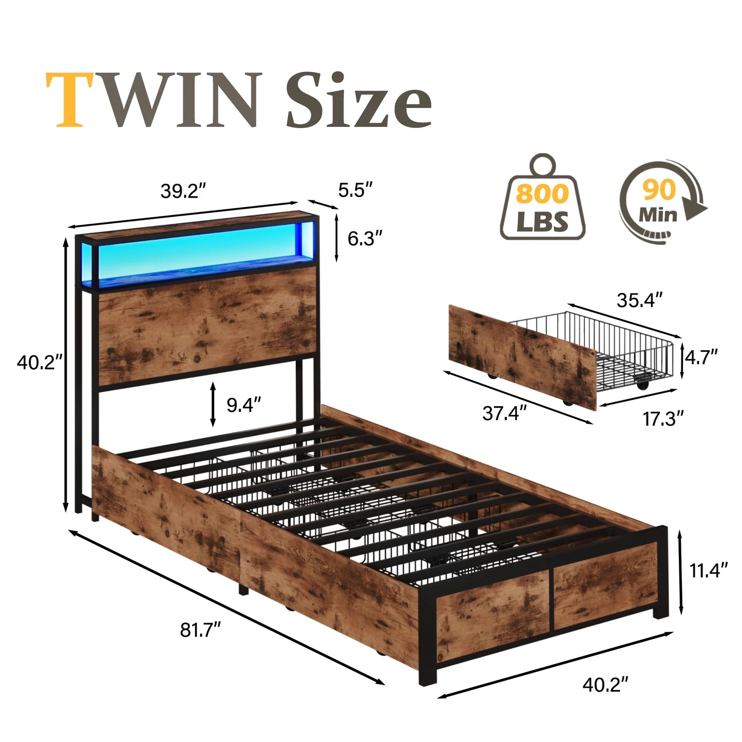Fluest Twin Bed Frame with 2-Tier Storage Headboard, USB Port and LED Light, 4 Storage Drawers, Brown