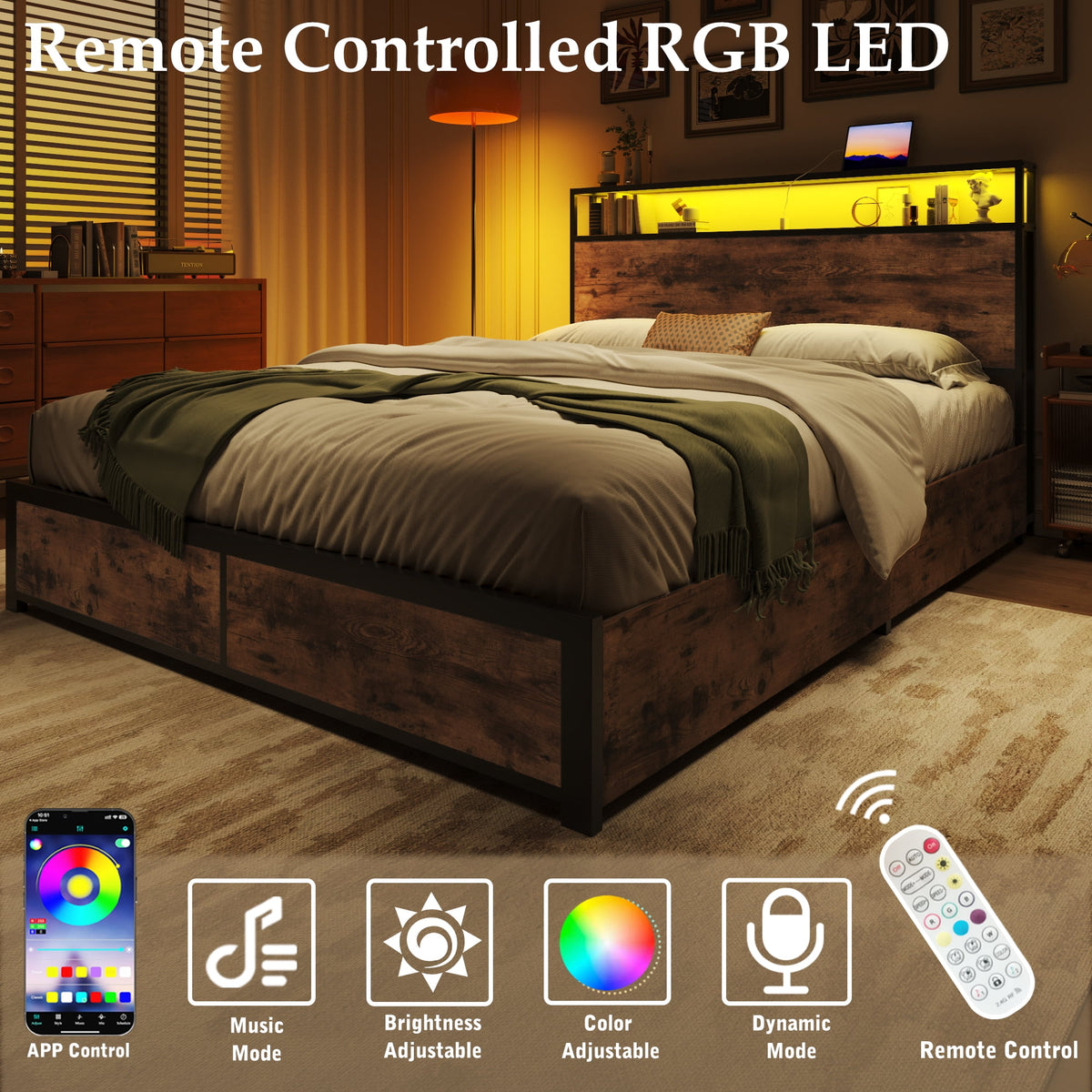 Fluest Full Bed Frame with 2-Tier Storage Headboard, USB Port and LED Light, 4 Storage Drawers,Retro Brown