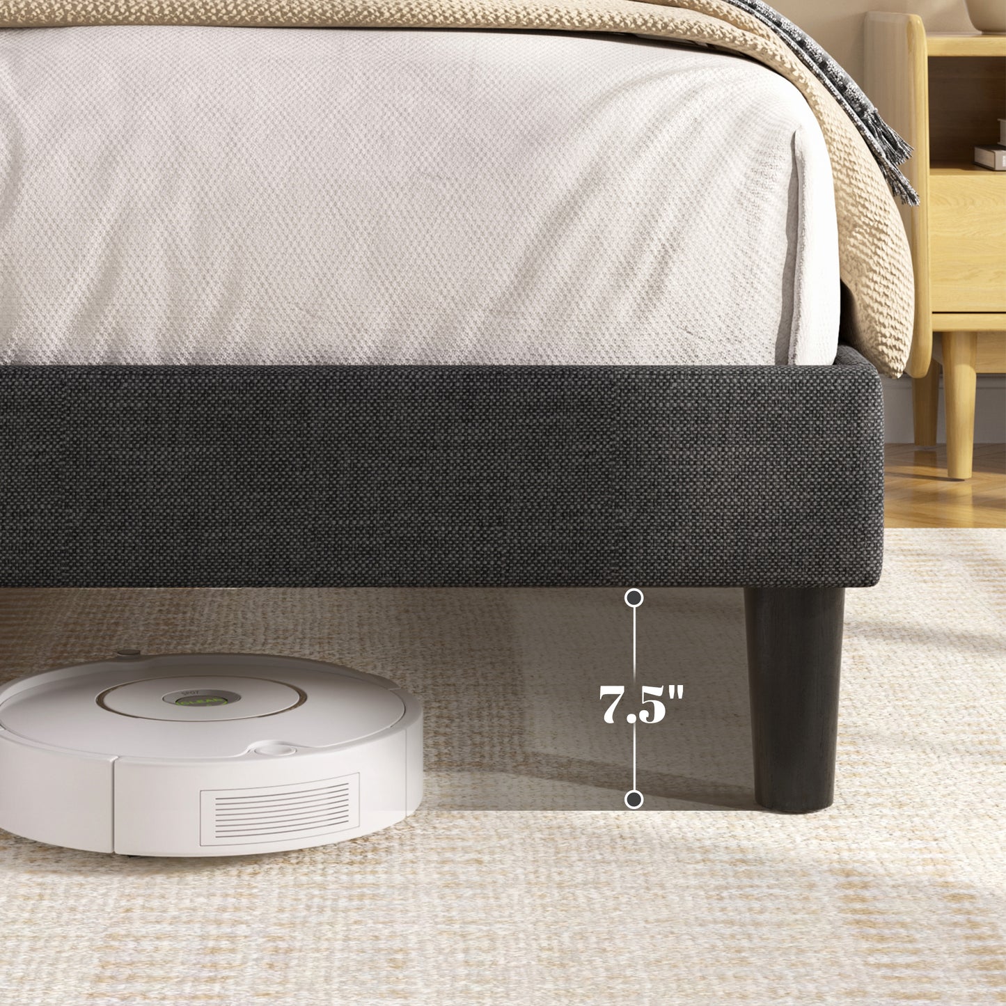 Fluest Platform Bed Frame with Linen Upholstered Adjustable Tall Headboard, No Box Spring Needed, Anti-Noise EVA Sponge, Easy Assembly, One-Box Shipping, 7.5 Inch Under Bed Storage