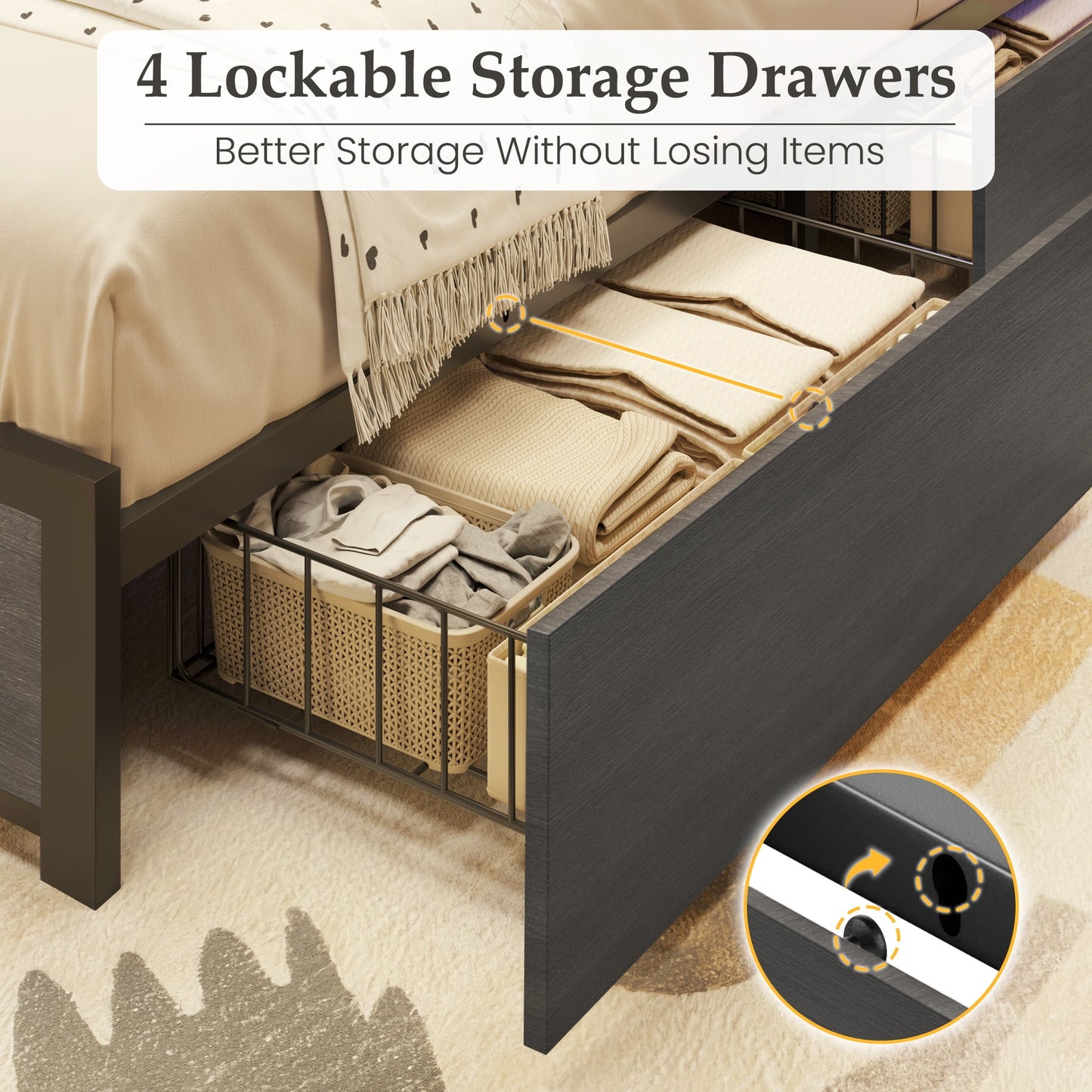 Fluest Twin Bed Frame with 2-Tier Storage Headboard, USB Port and LED Light, 4 Storage Drawers, Brown