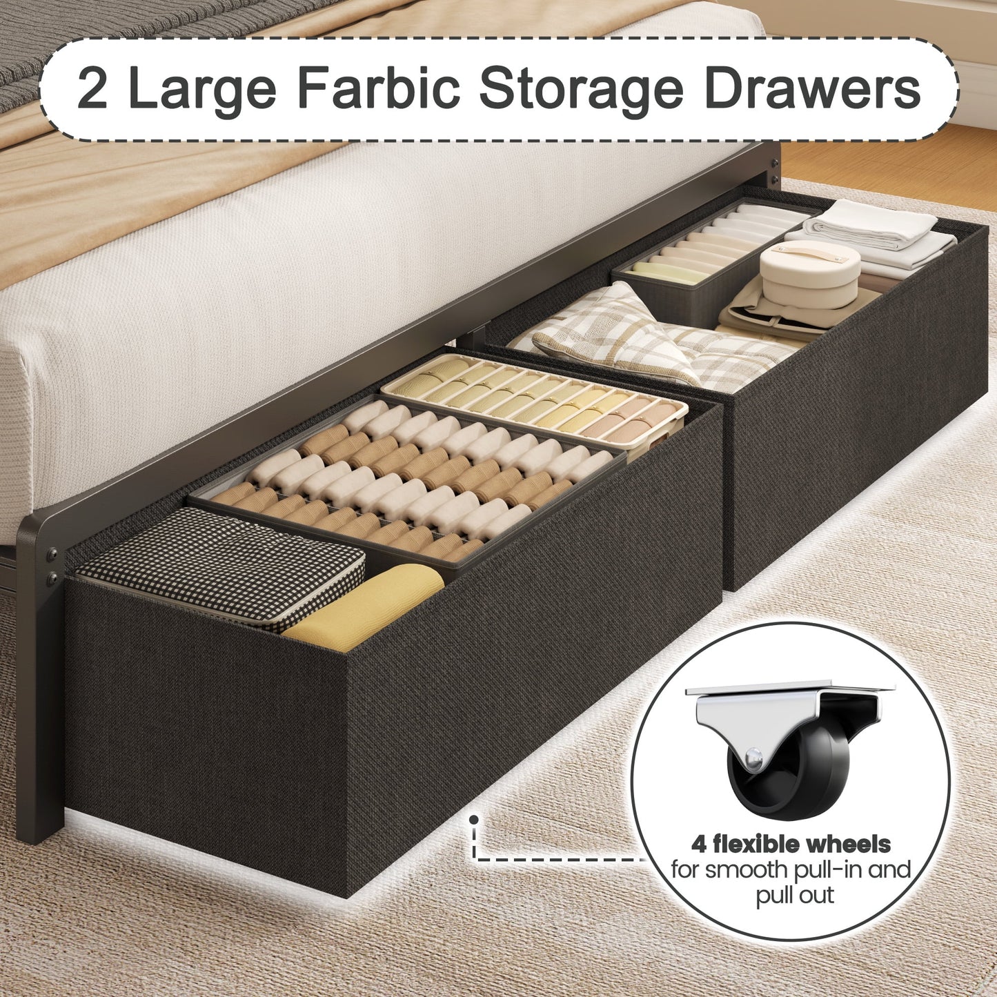 Fluest Bed Frame with 2-Tier Storage Headboard, USB Port and LED Light, 2 Storage Drawers, Gray