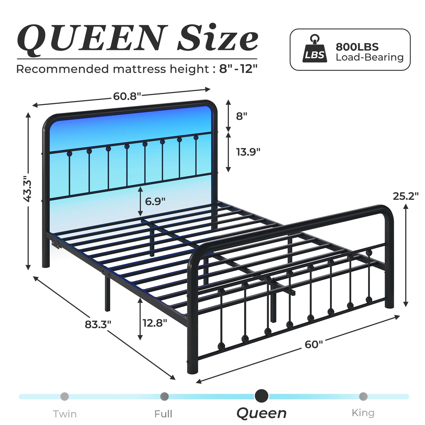 Fluest Queen Metal Platform Bed Frame with Charging Station and LED, Classic Headboard, No Box Spring Required, Modern Black