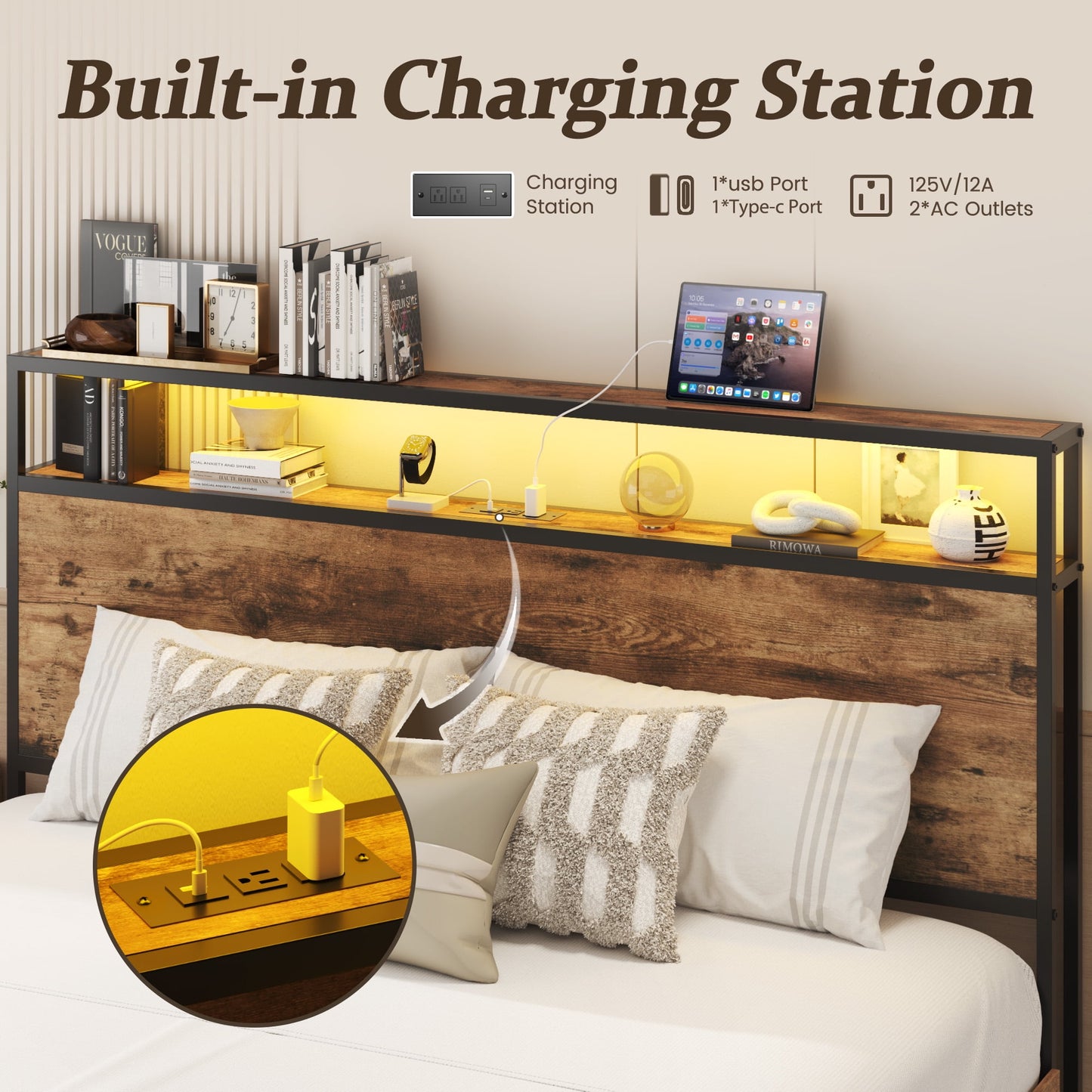 Fluest Queen Bed Frame with 2-Tier Storage Headboard, USB Port and LED Light, 4 Storage Drawers, Brown