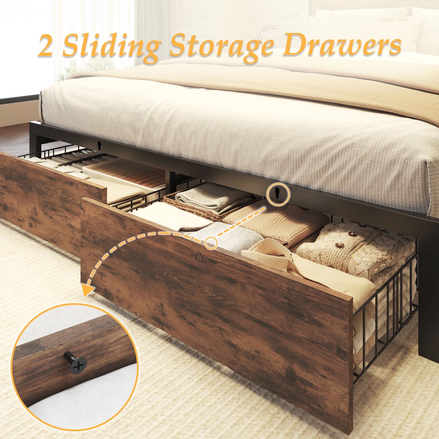 Fluest Queen Bed Frame with 2-Tier Storage Headboard, Metal Bed Frame with Storage Drawers & Built-in Charging Station & LED, Noise-Free, No Box Spring Needed, Easy Assembly, Retro Brown