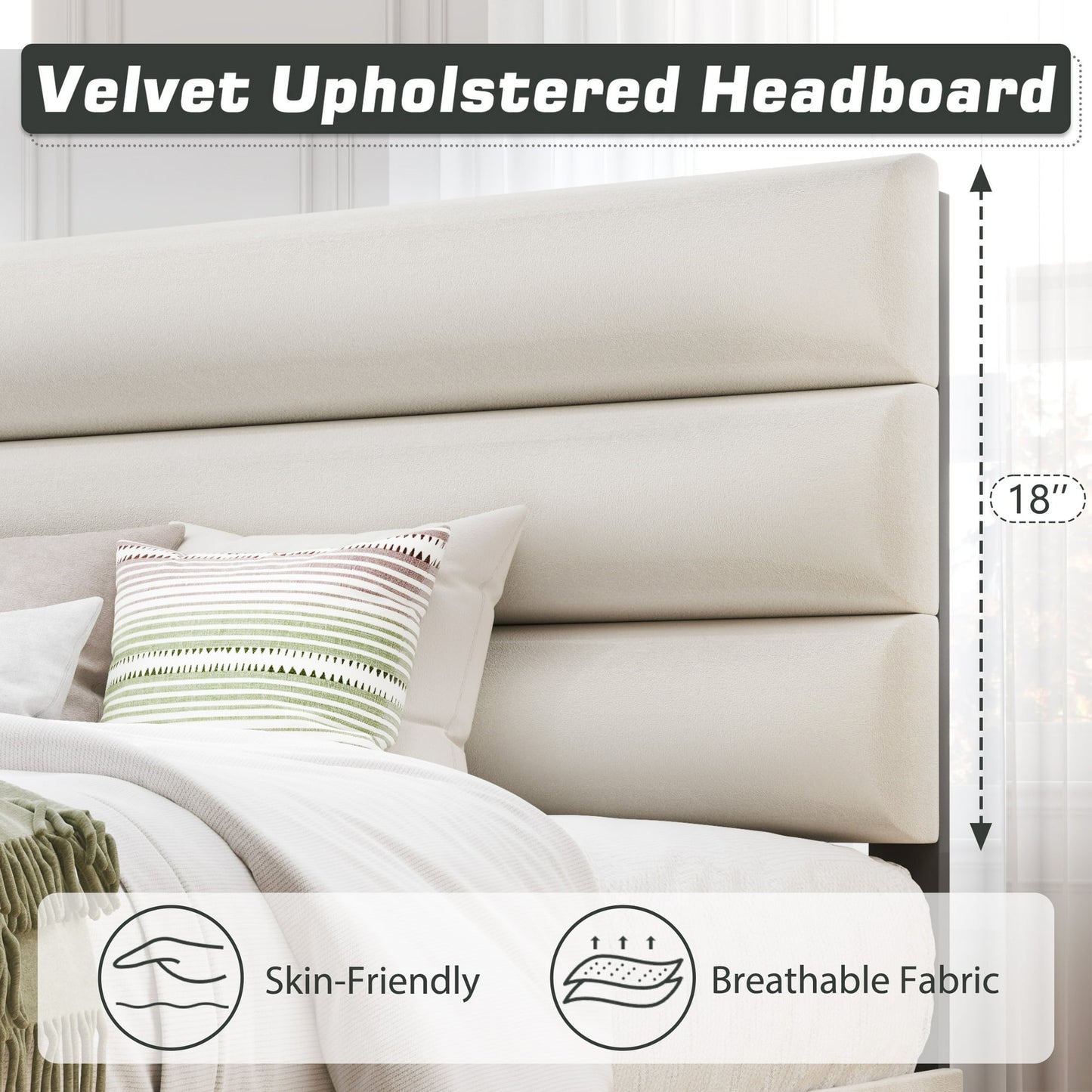 Fluest King Bed Frame with Velvet Upholstered Headboard, Metal Support, No Box Spring Needed, Noise Free, Easy Assembly, Beige