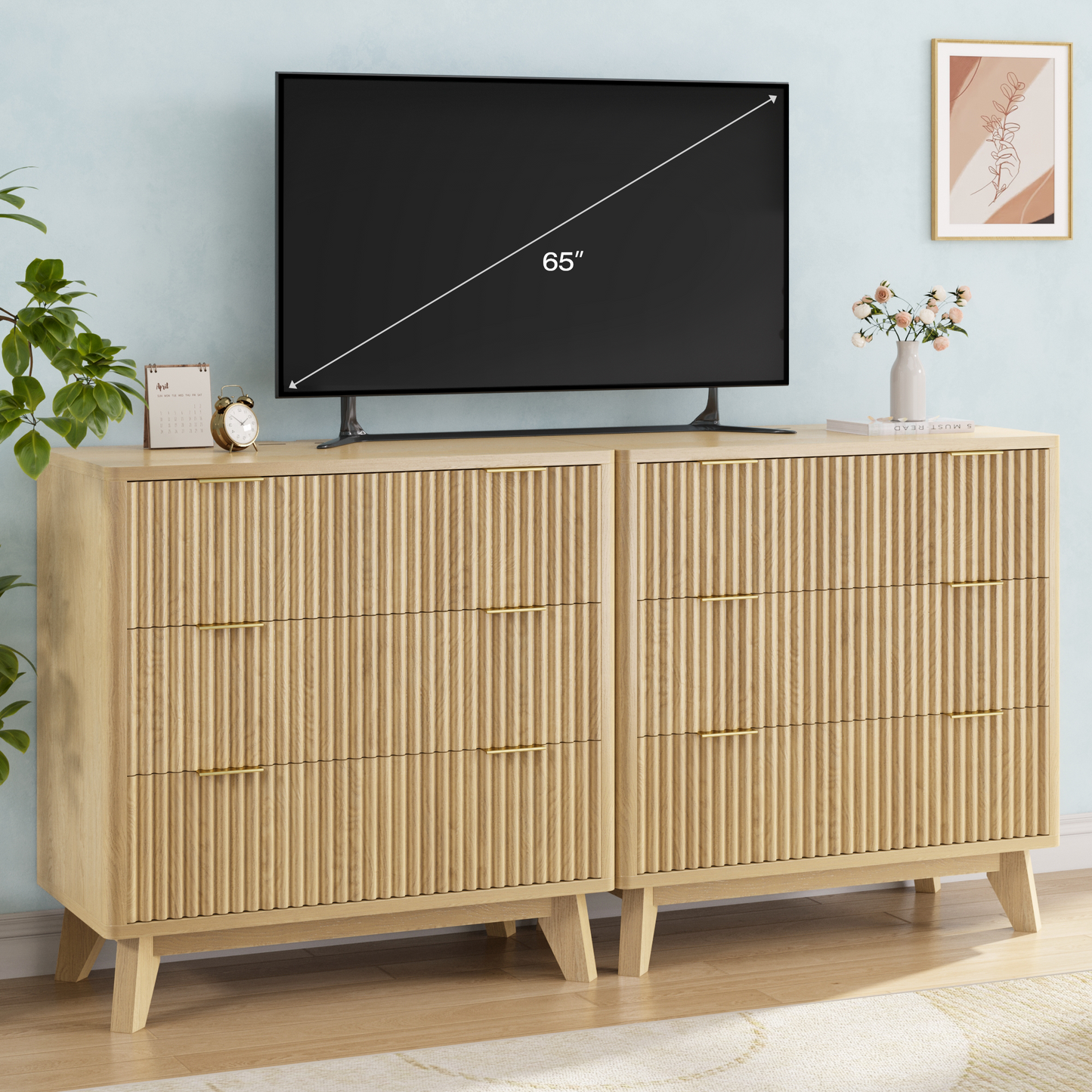 Fluest 32” Wide Nightstands with Fast Charging Station, 32’’ Tall Fluted Night Stand with 3 Large Drawers, Modern End Table Beside Table for Bedroom, Living Room, Curved Profile Design, Anti-Tip Design