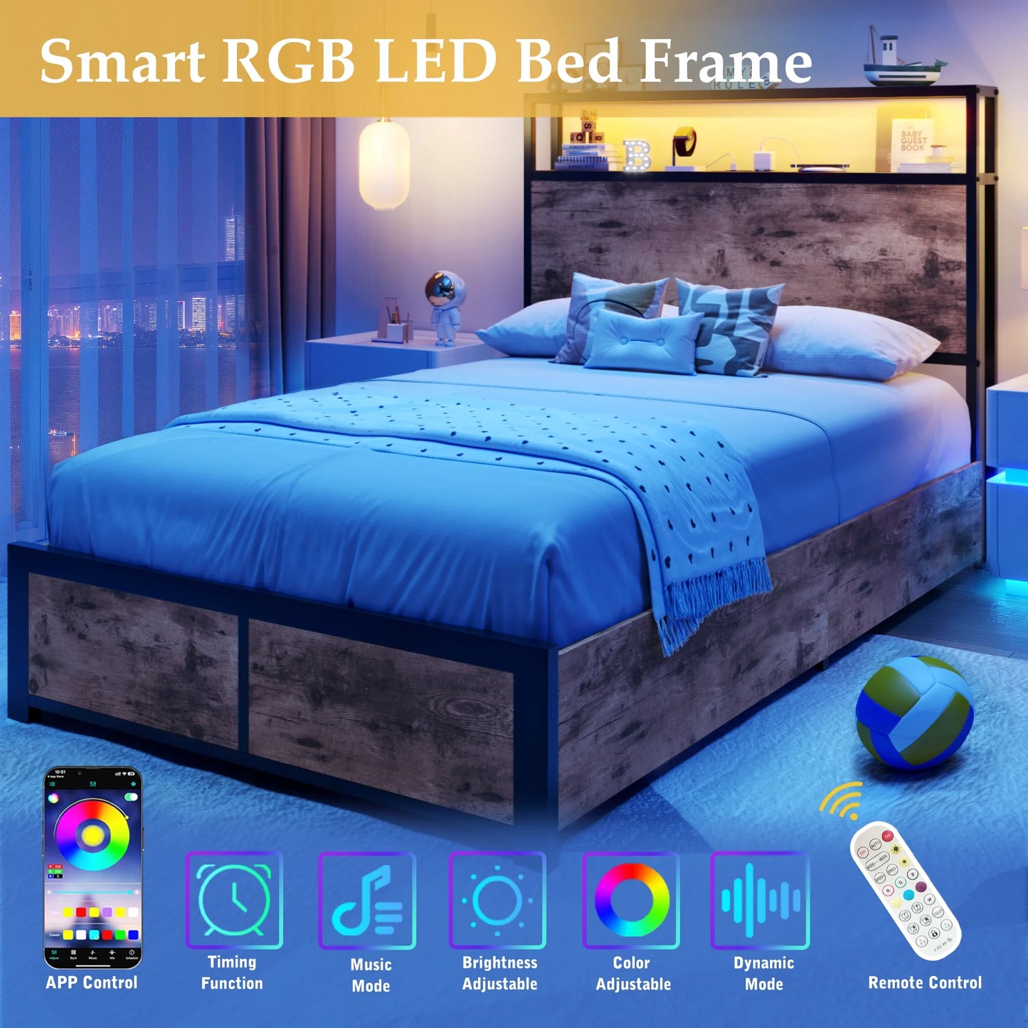 Fluest Twin Bed Frame with 2-Tier Storage Headboard, USB Port and LED Light, 4 Storage Drawers, Brown