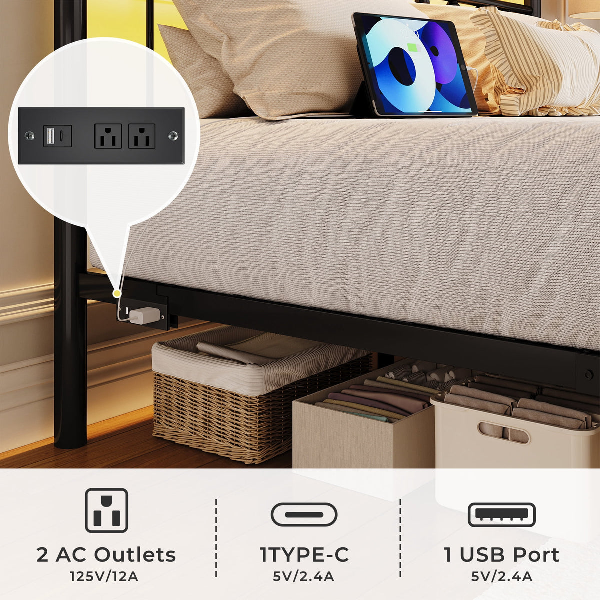 Fluest Full Bed Frame, Classic Metal Platform Bed Frame, with Charging Station and LED, No Need for Springs, Black