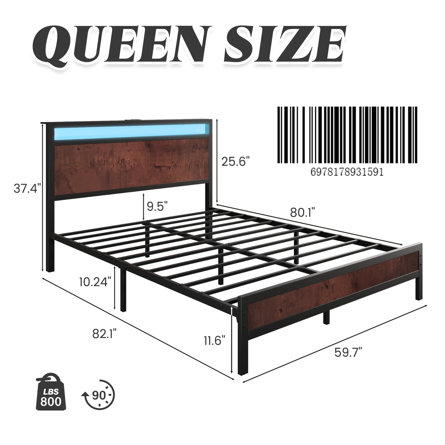 Fluest Queen Bed Frame with Headboard & Footboard, Bed Frame with Built-in Charging Station & LED Light, Storage Shelf, Noise-Free, No Box Spring Needed, Easy Assembly