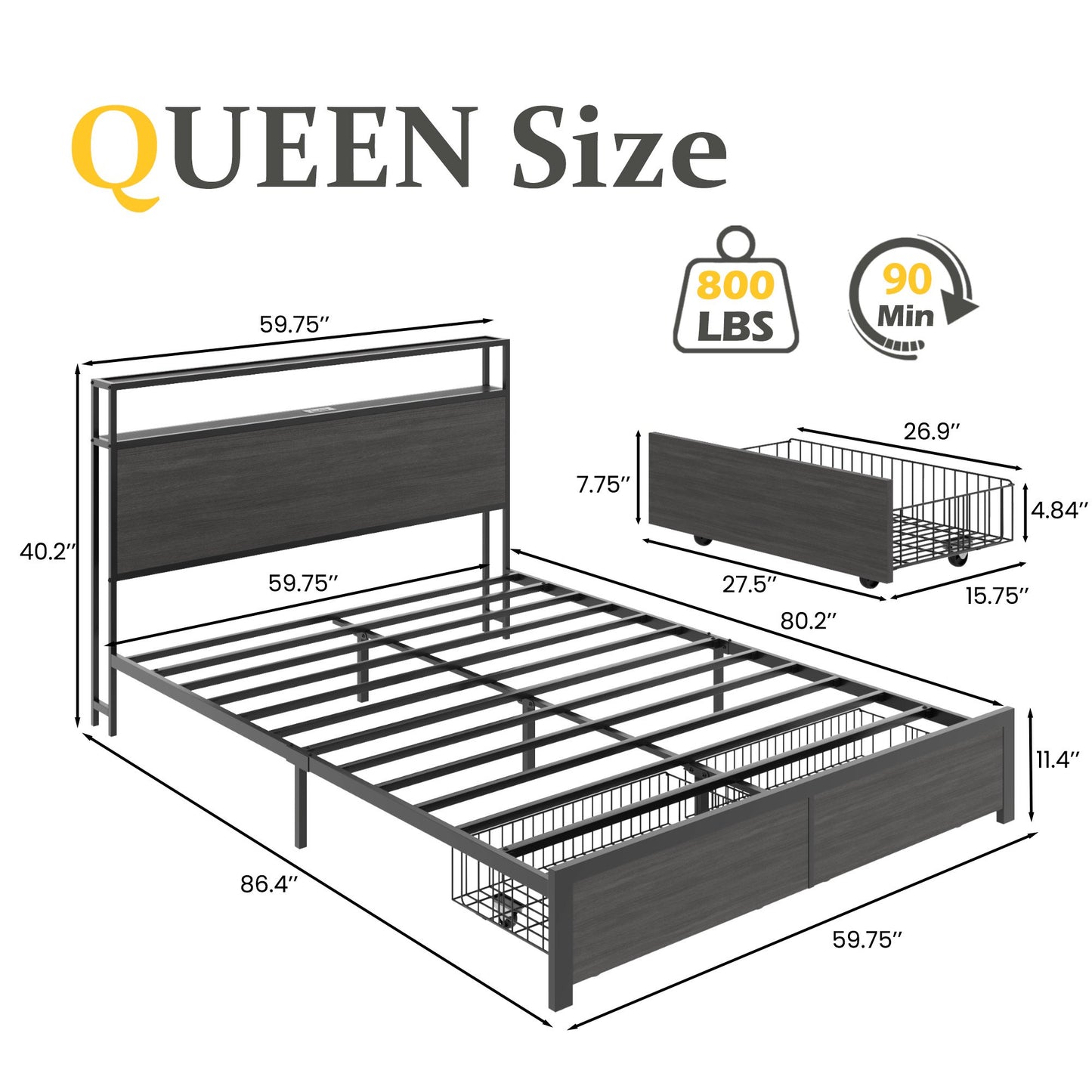Queen Bed Frame with Headboard and Storage,2-Tier Storage Headboard & Foot-Board Drawers, Rustic Grey