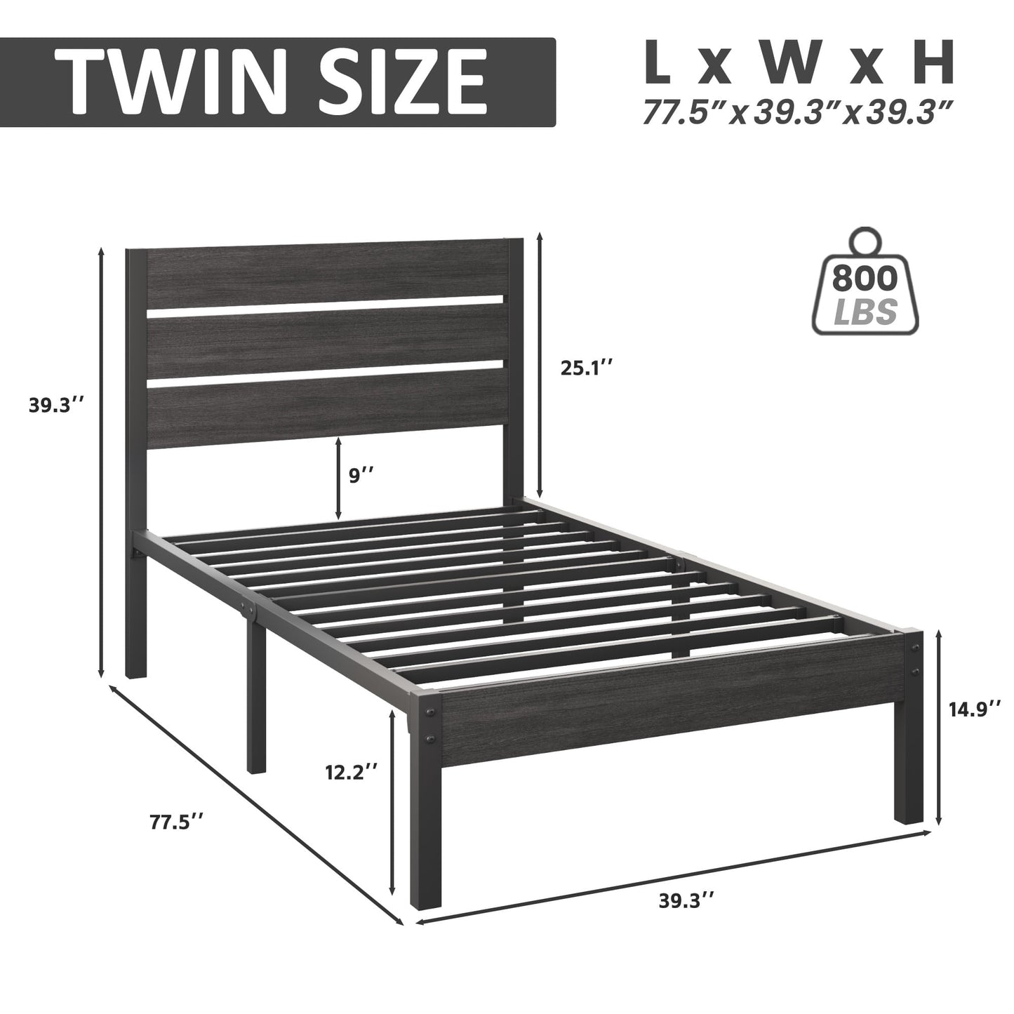 Fluest Twin Bed Frame with Rustic Vintage Wood Headboard and Footboard, Grey