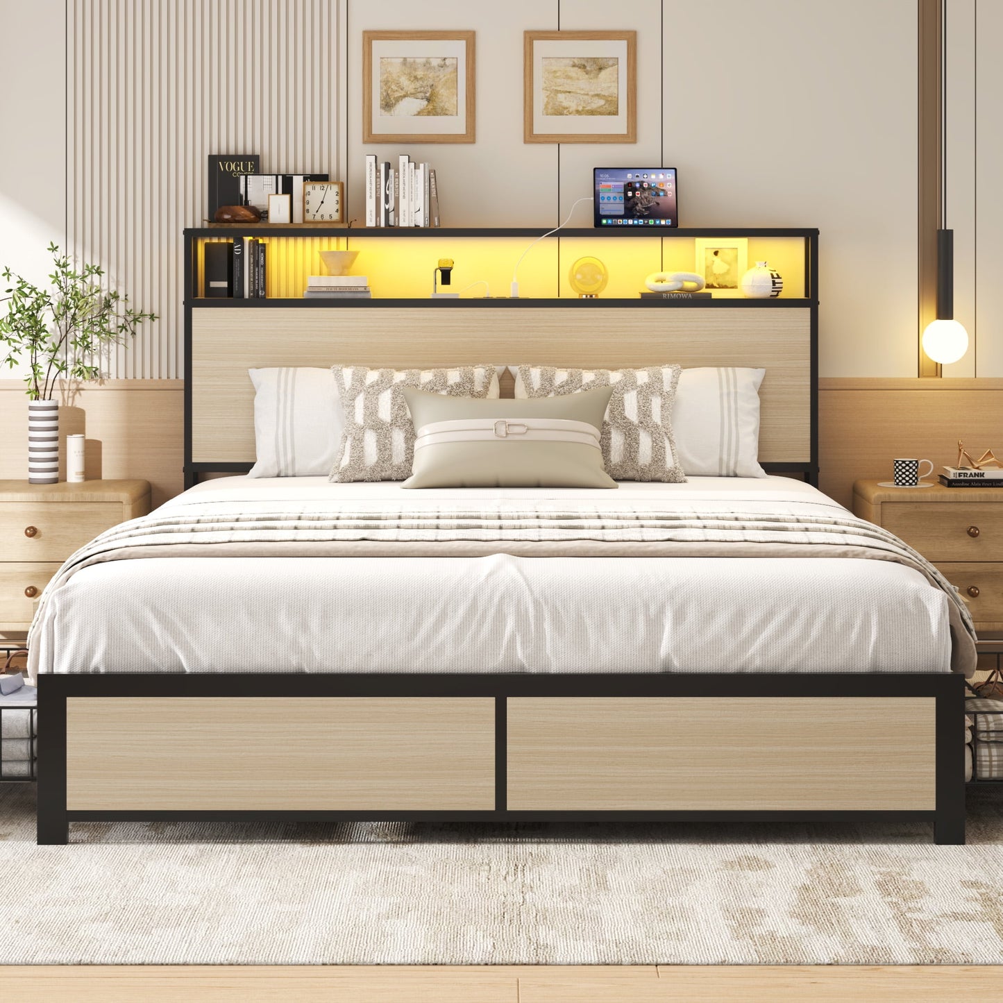 Queen Bed Frame with 2-Tier Headboard, Metal Support, USB Port & LED Light, 4 Storage Drawers, Begie