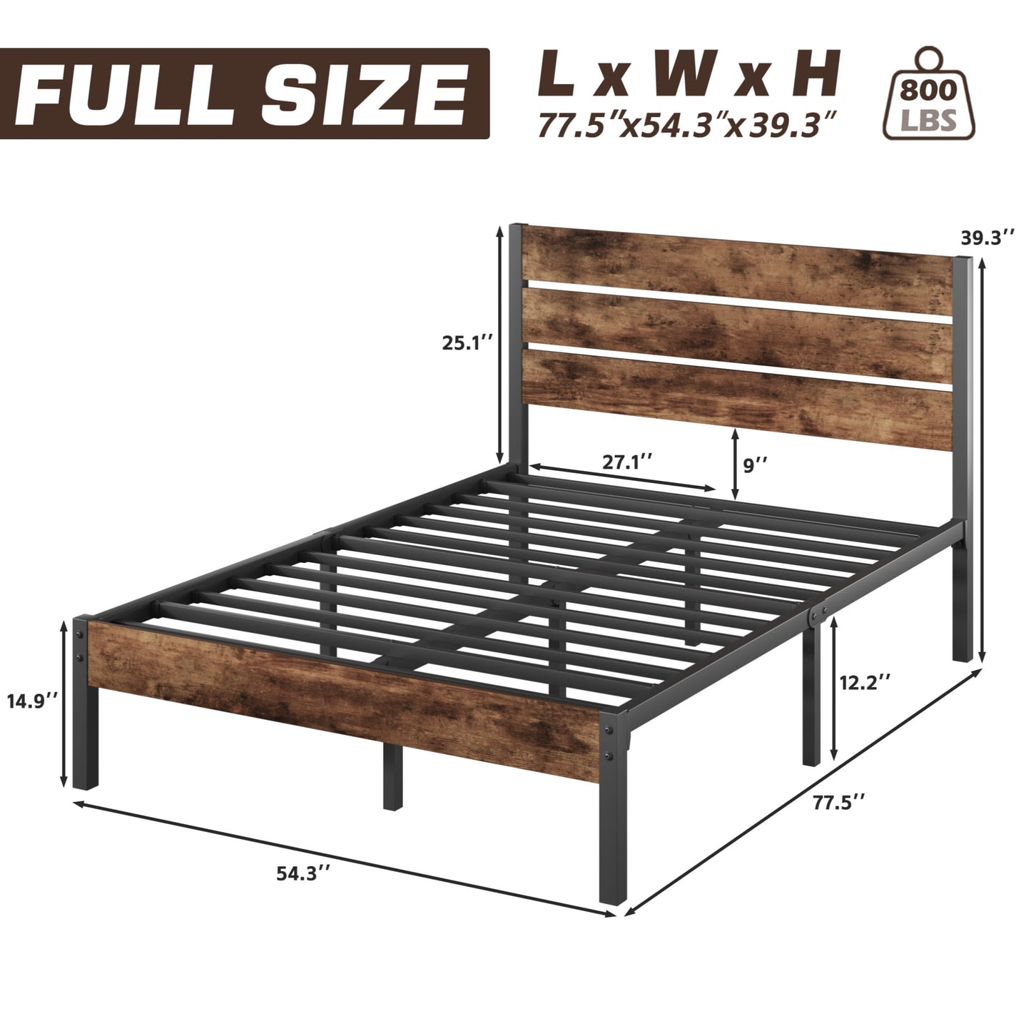 Fluest Full Size Bed Frame with Headboard and Footboard,Metal Support,No Box Spring Needed, Rustic Brown