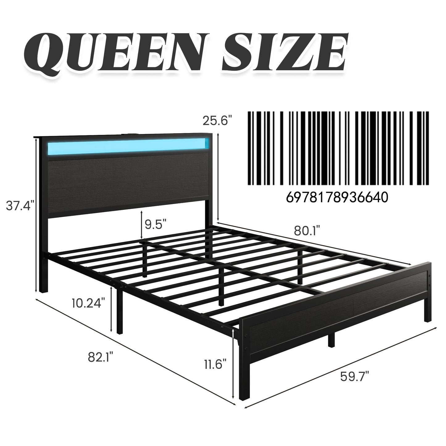 Fluest Queen Bed Frame with Headboard & Footboard, Bed Frame with Built-in Charging Station & LED Light, Storage Shelf, Noise-Free, No Box Spring Needed, Easy Assembly