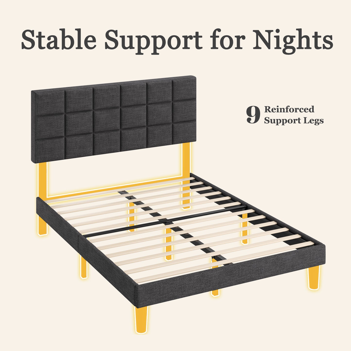 Fluest Platform Bed Frame with Linen Upholstered Adjustable Tall Headboard, No Box Spring Needed, Anti-Noise EVA Sponge, Easy Assembly, One-Box Shipping, 7.5 Inch Under Bed Storage