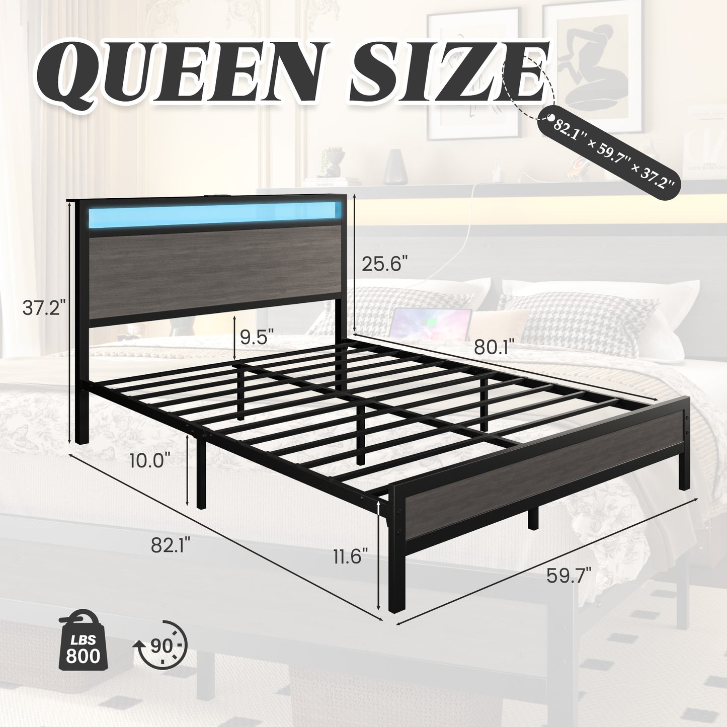 Fluest Queen Bed Frame with Headboard & Footboard, Bed Frame with Built-in Charging Station & LED Light, Storage Shelf, Noise-Free, No Box Spring Needed, Easy Assembly