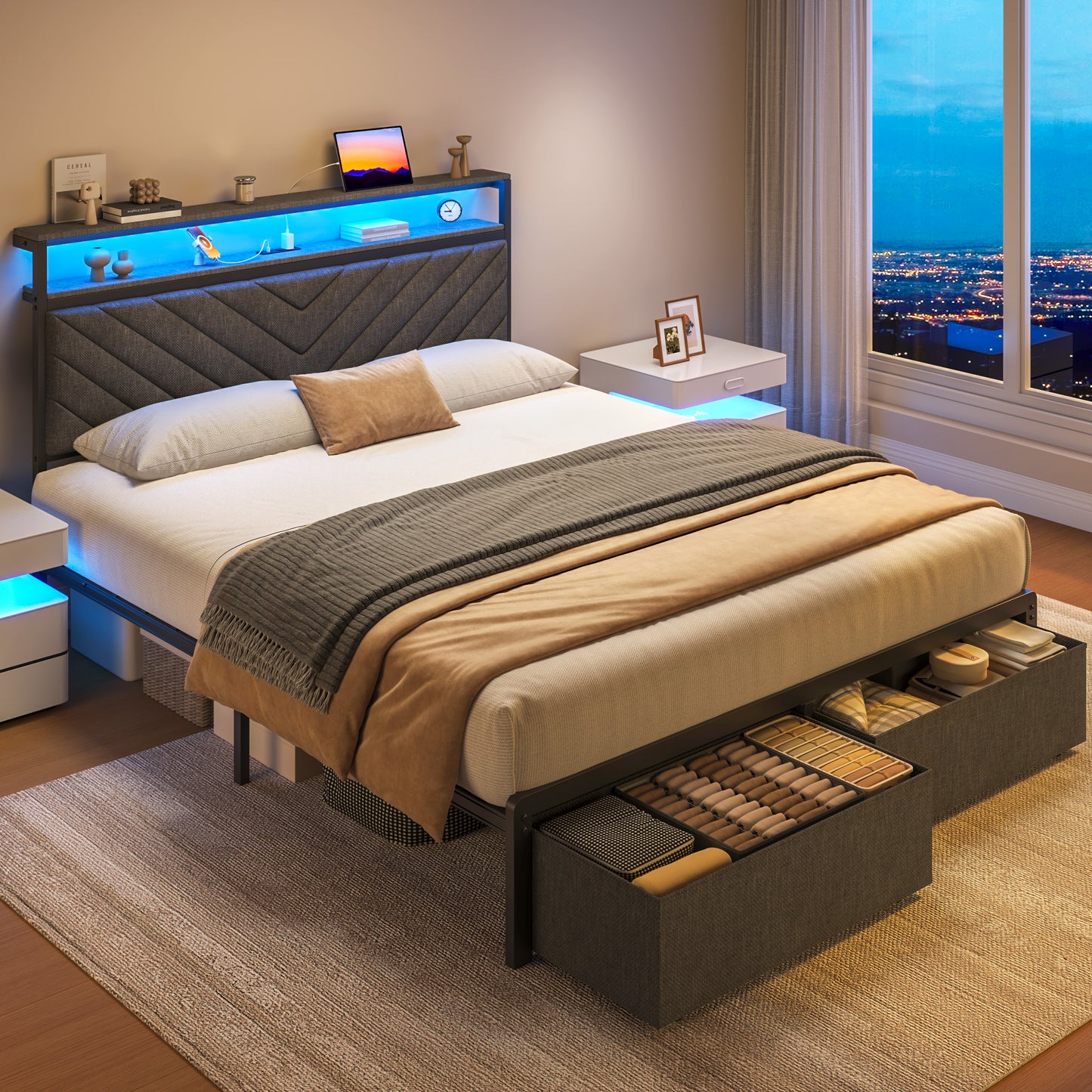 Fluest Queen Bed Frame wit Storage Drawers, Upholstered Headboard with Charging Station, LED Lights, Fabric Drawers with Wheels, Under Bed Storage, No Box Spring Needed, Easy Assembly, Grey