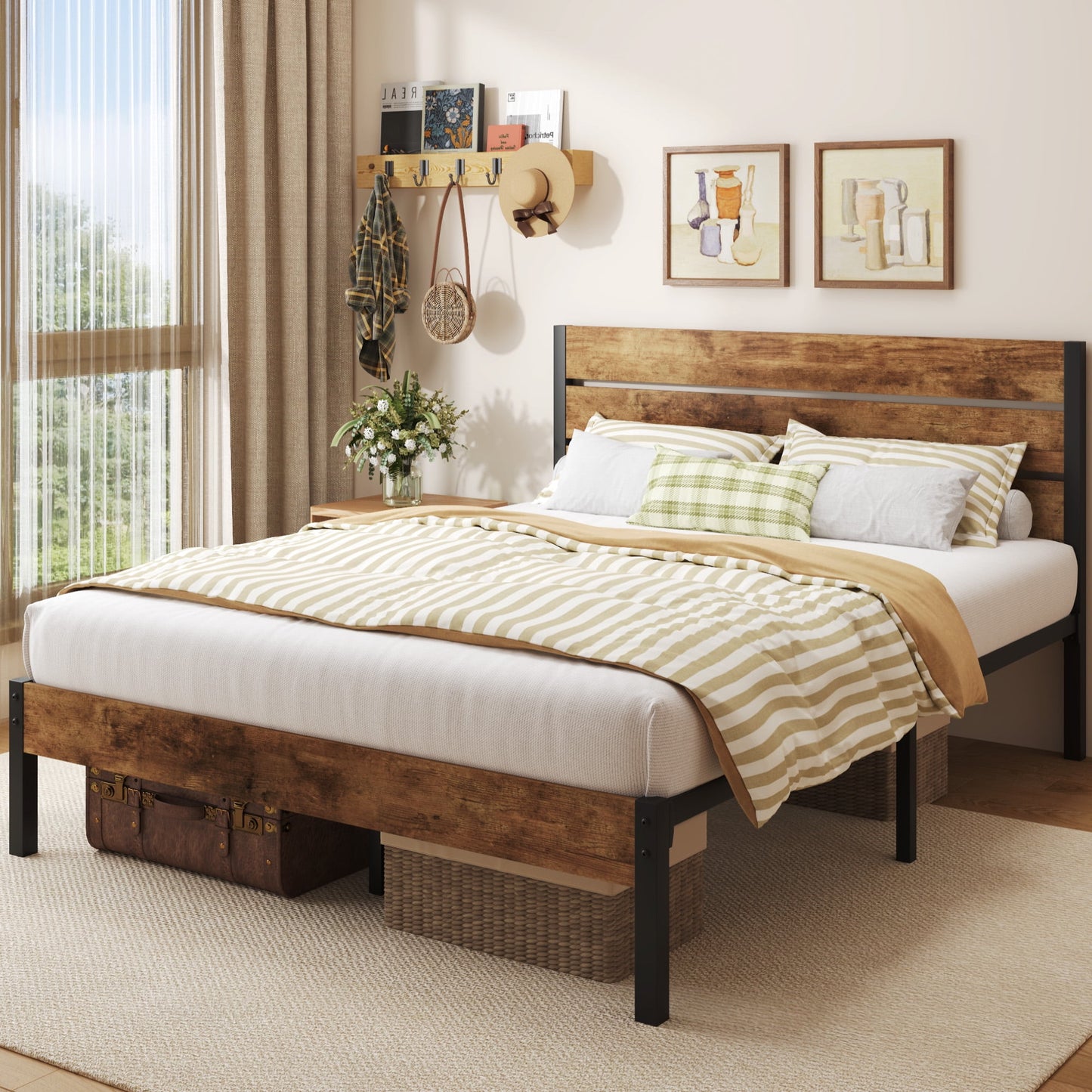 Fluest Queen Size Bed Frame with Headboard and Footboard,Metal Support,No Box Spring Needed, Rustic Brown