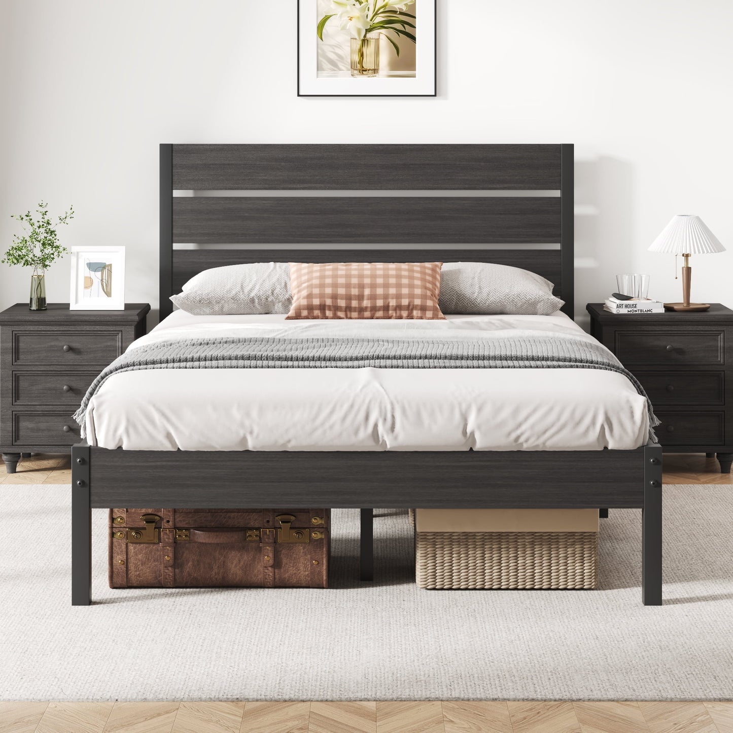 Fluest Full Size Bed Frame with Headboard and Footboard,Metal Support,No Box Spring Needed, Gray