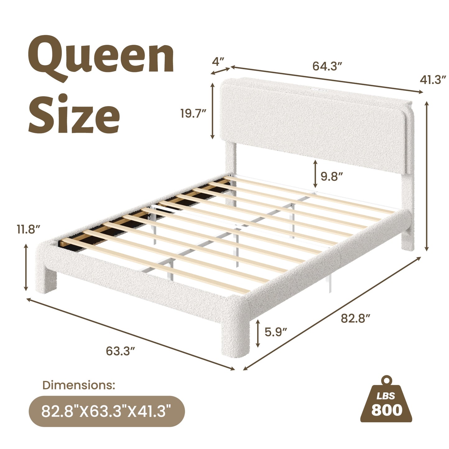Fluest Queen Boucle Upholstered Bed Frame, Cloud Headboard, Charging Station, LED Lights, Beige, No Box Spring Needed