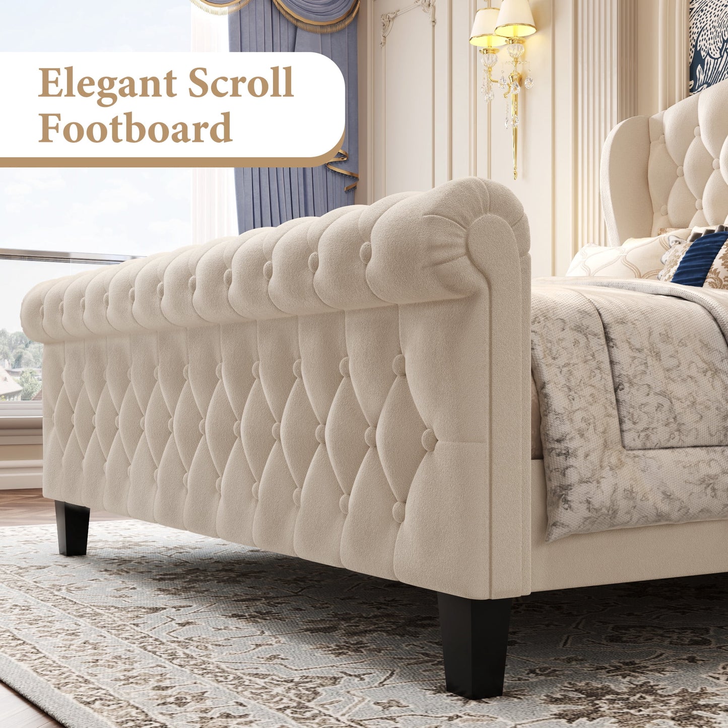 Queen Bed Frame, 42" Tall Velvet Upholstered Sleigh Bed with Wingback Headboard & Scroll Footboard, No Box Spring Needed, Sturdy Support, Easy Assembly, Noise Free, Button Tufted, Beige