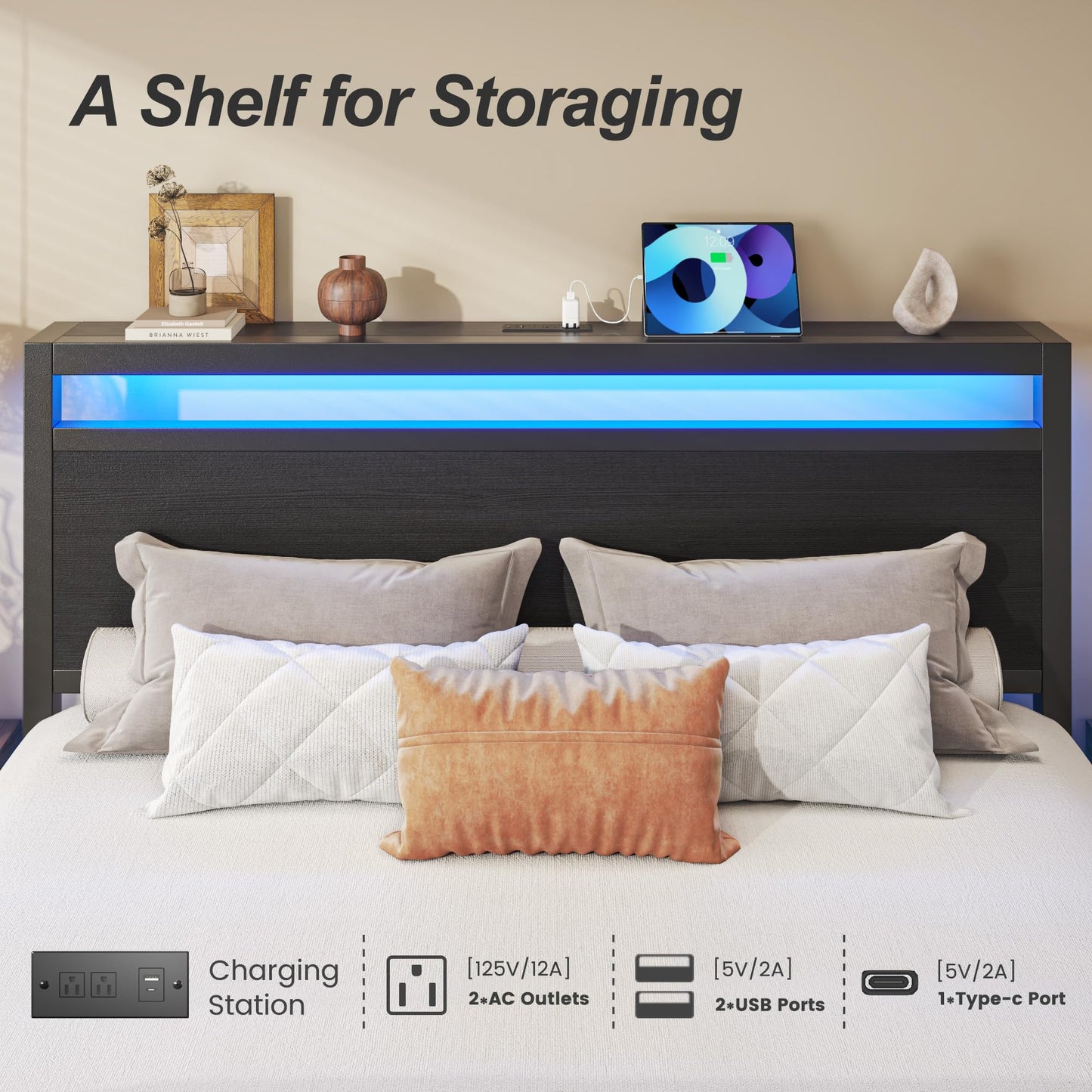Fluest Queen Bed Frame,Queen Bed Frame with Storage Headboard &amp; 2 Storage Drawer, Charging Station &amp; LED Light, No Box Spring Needed, Noise Free, Easy Assembly, Classic Black