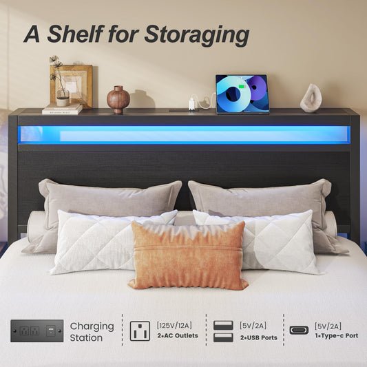 Fluest Queen Bed Frame,Queen Bed Frame with Storage Headboard &amp; 2 Storage Drawer, Charging Station &amp; LED Light, No Box Spring Needed, Noise Free, Easy Assembly, Classic Black