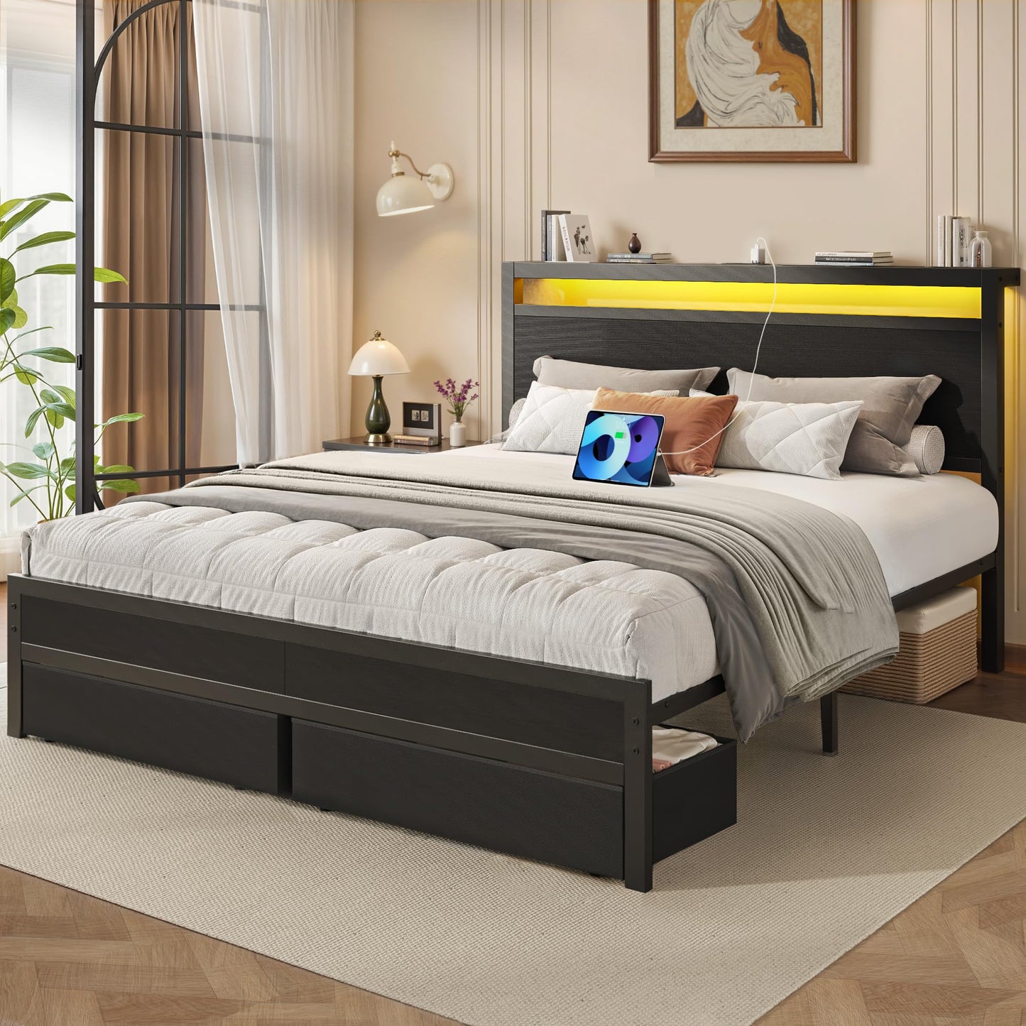 Fluest Queen Bed Frame,Queen Bed Frame with Storage Headboard &amp; 2 Storage Drawer, Charging Station &amp; LED Light, No Box Spring Needed, Noise Free, Easy Assembly, Classic Black