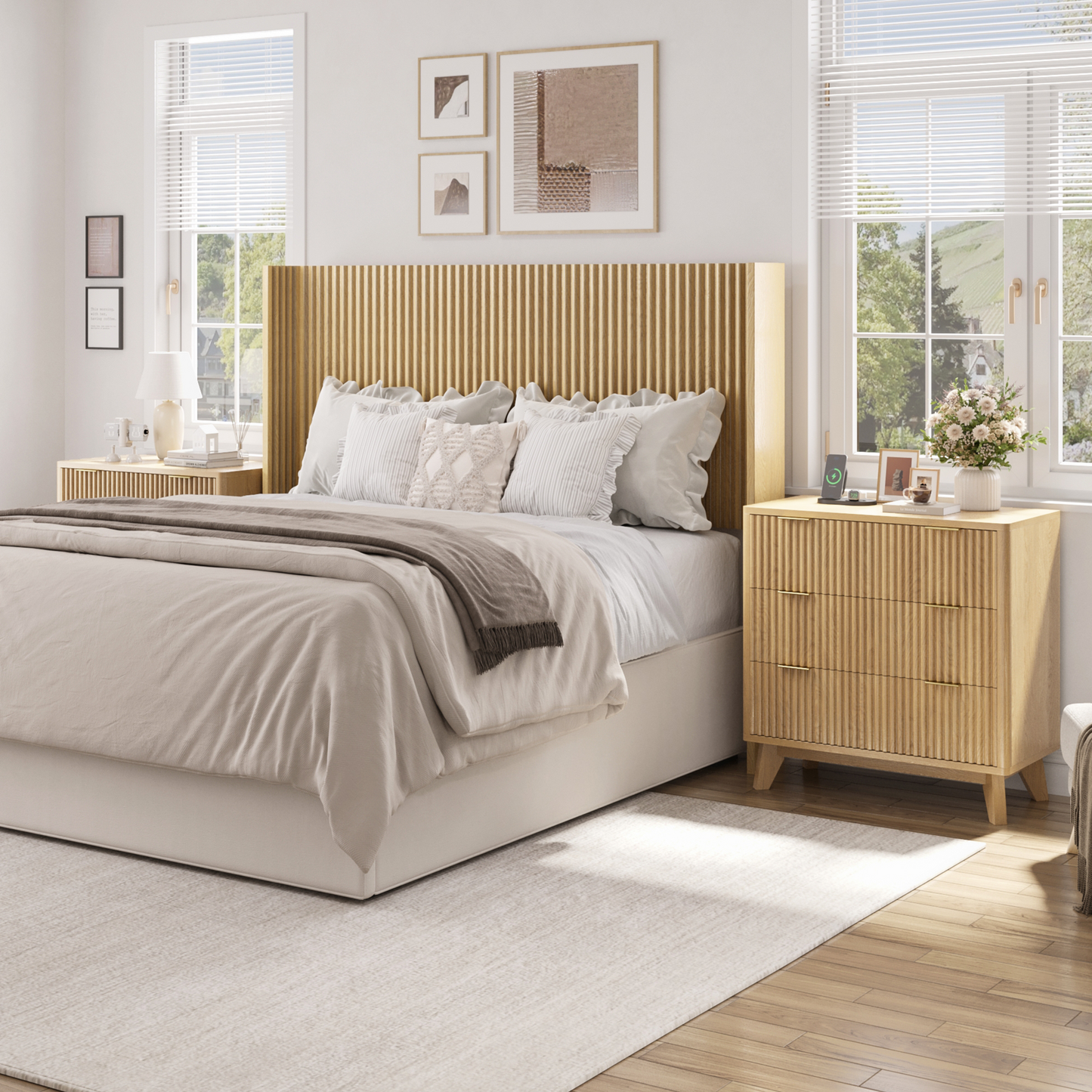 Fluest 32” Wide Nightstands with Fast Charging Station, 32’’ Tall Fluted Night Stand with 3 Large Drawers, Modern End Table Beside Table for Bedroom, Living Room, Curved Profile Design, Anti-Tip Design