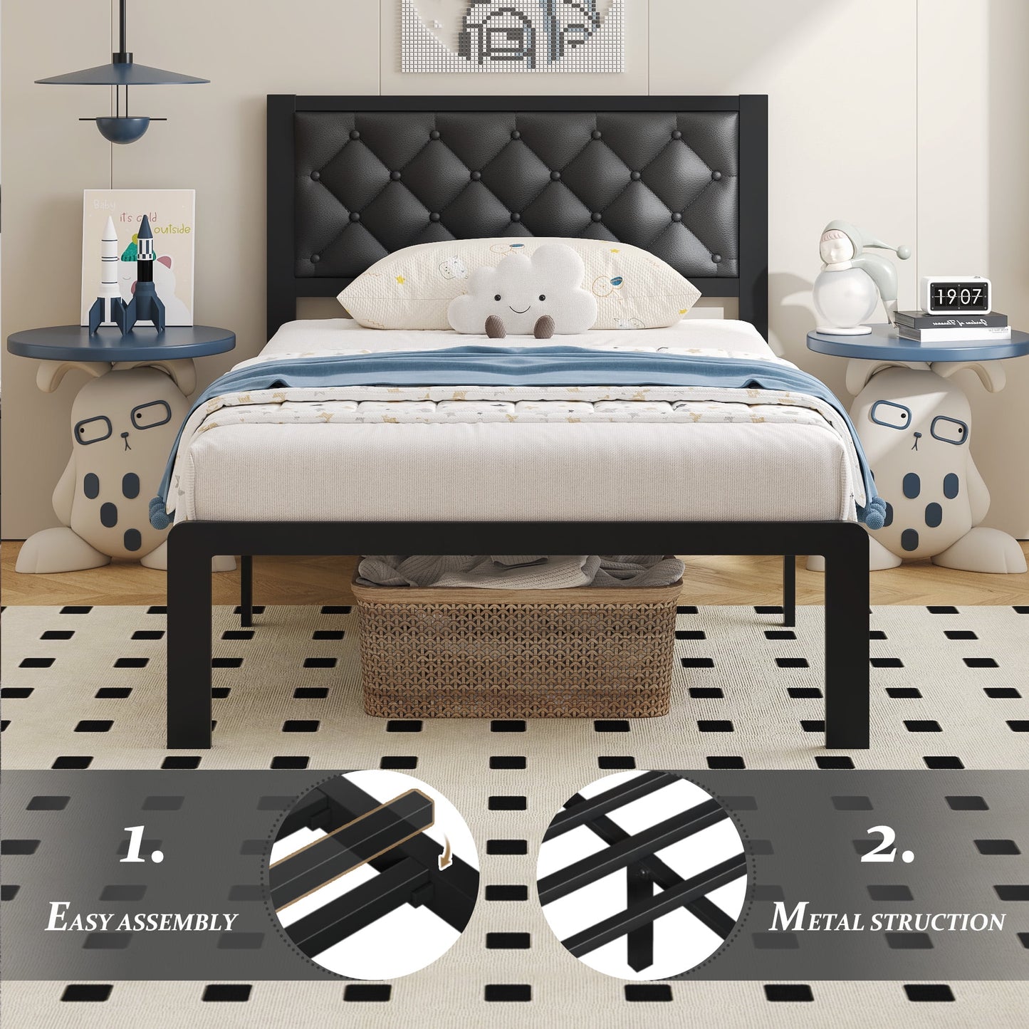 Bed Frame with Headboard PU Leather Upholstered and All Metal Slats Support Platform, Twin