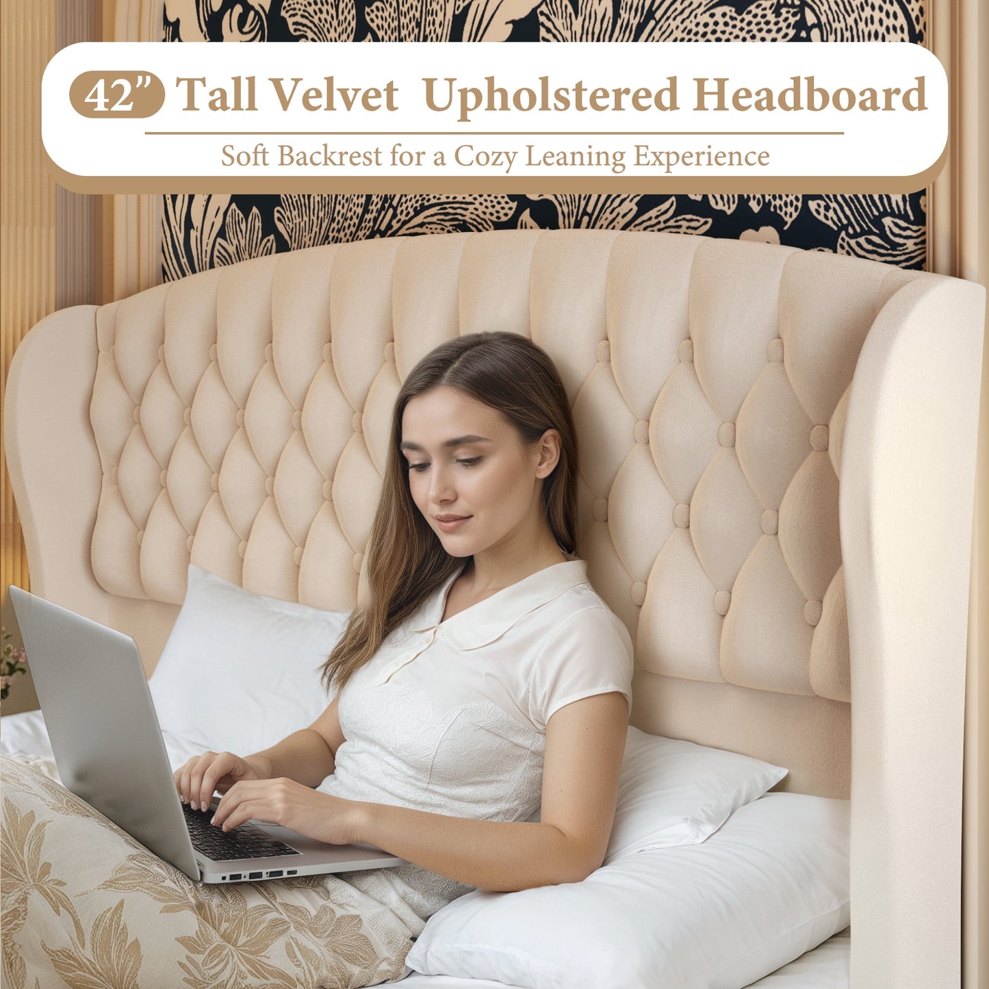Queen Bed Frame, 42" Tall Velvet Upholstered Sleigh Bed with Wingback Headboard & Scroll Footboard, No Box Spring Needed, Sturdy Support, Easy Assembly, Noise Free, Button Tufted, Beige