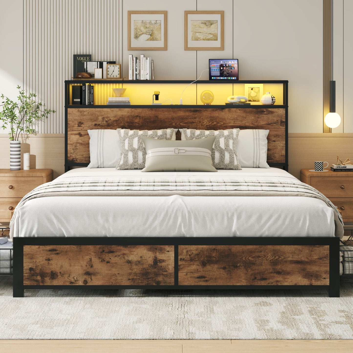 Fluest Queen Bed Frame with 2-Tier Storage Headboard, USB Port and LED Light, 4 Storage Drawers, Brown
