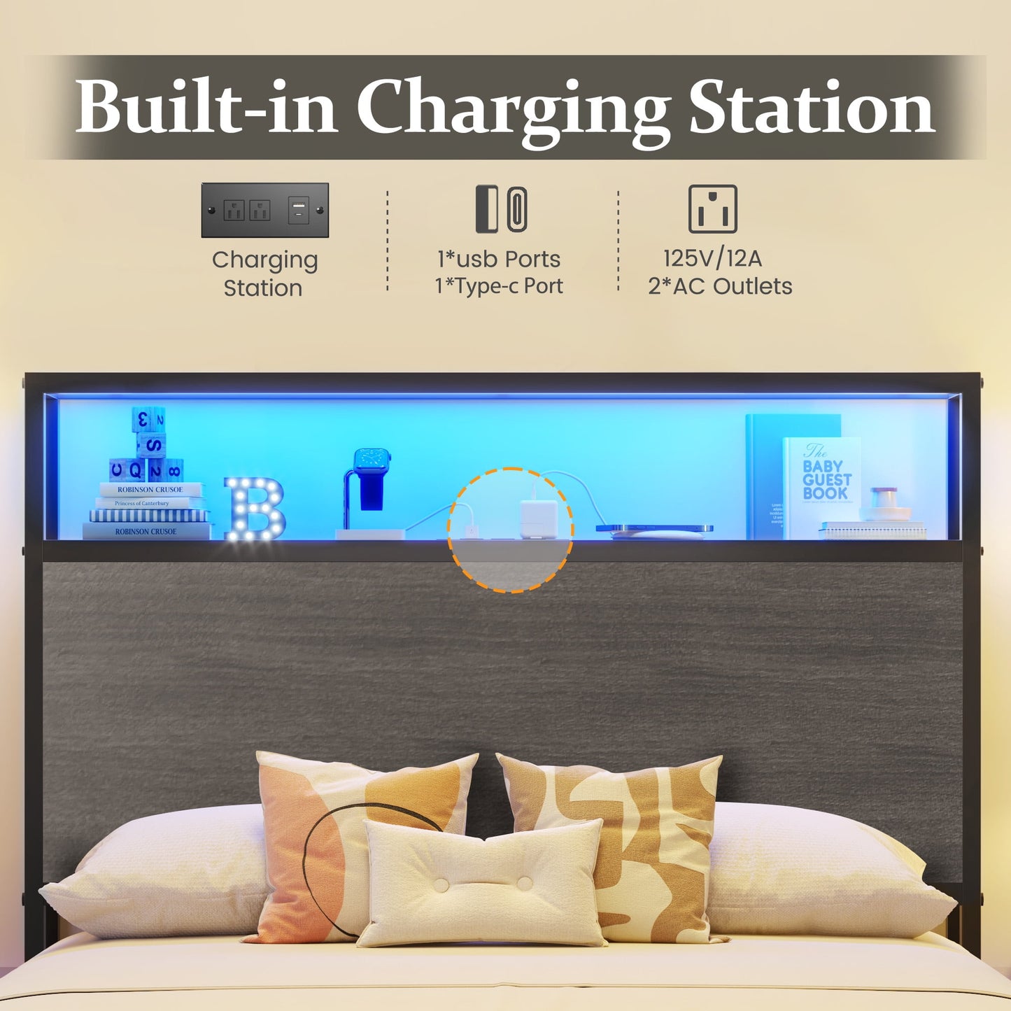 Fluest Twin Bed Frame with 2-Tier Storage Headboard, USB Port and LED Light, 4 Storage Drawers, Gray
