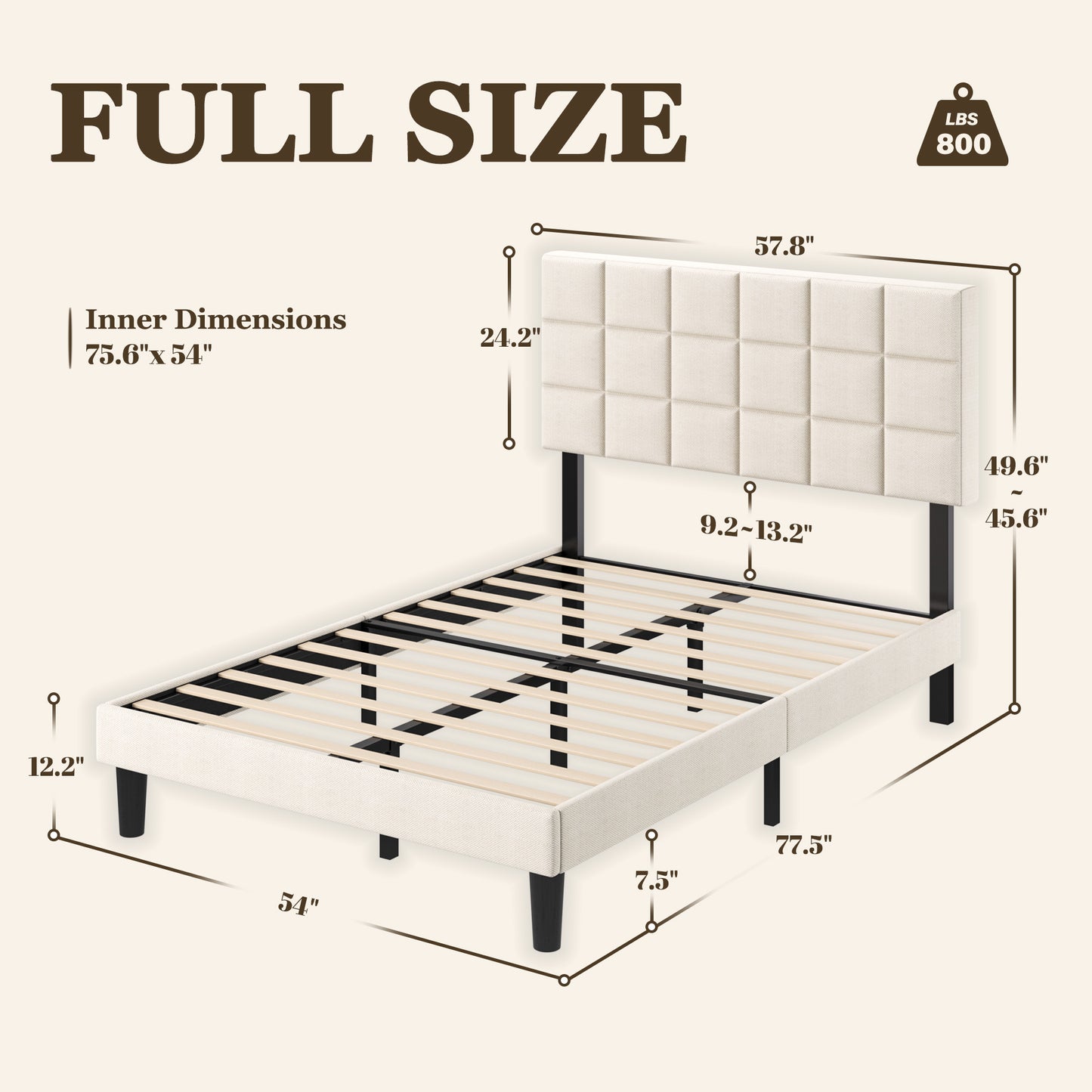 Fluest Platform Bed Frame with Linen Upholstered Adjustable Tall Headboard, No Box Spring Needed, Anti-Noise EVA Sponge, Easy Assembly, One-Box Shipping, 7.5 Inch Under Bed Storage