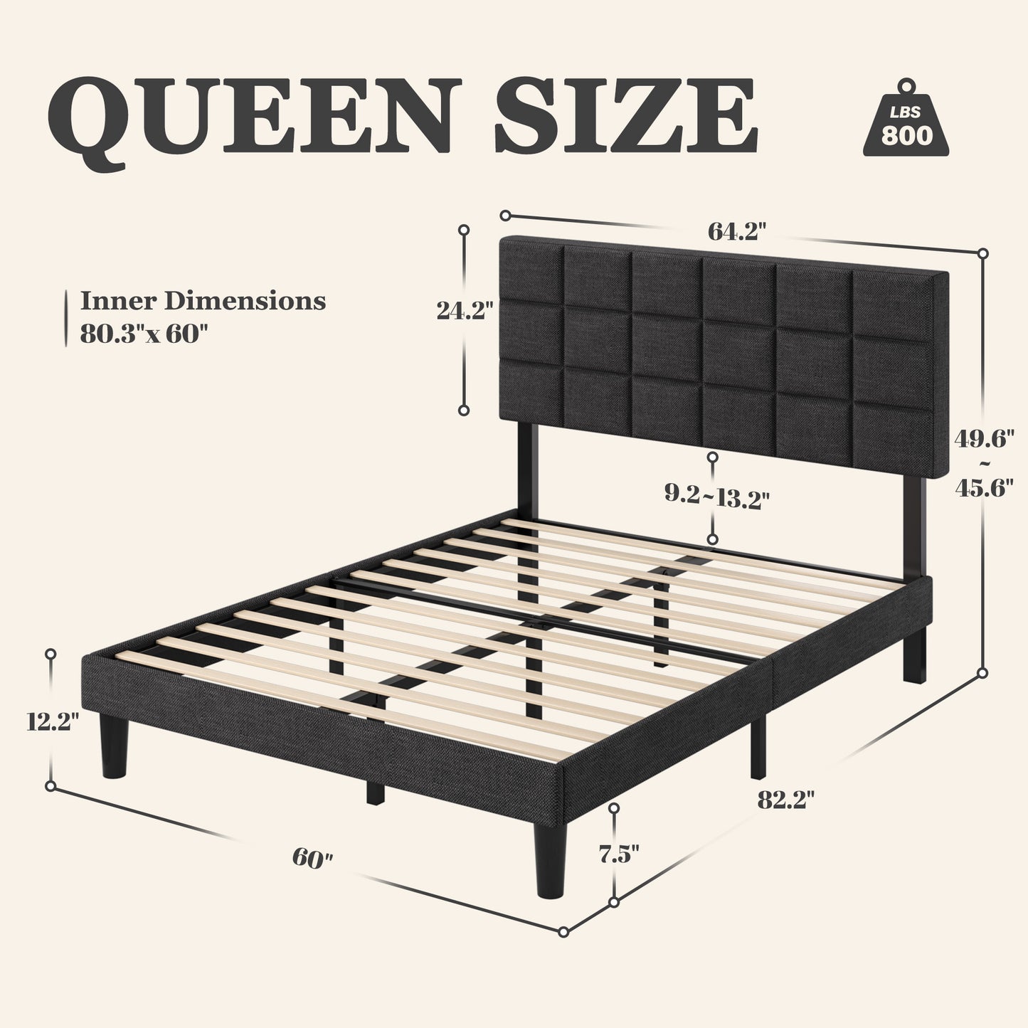 Fluest Platform Bed Frame with Linen Upholstered Adjustable Tall Headboard, No Box Spring Needed, Anti-Noise EVA Sponge, Easy Assembly, One-Box Shipping, 7.5 Inch Under Bed Storage