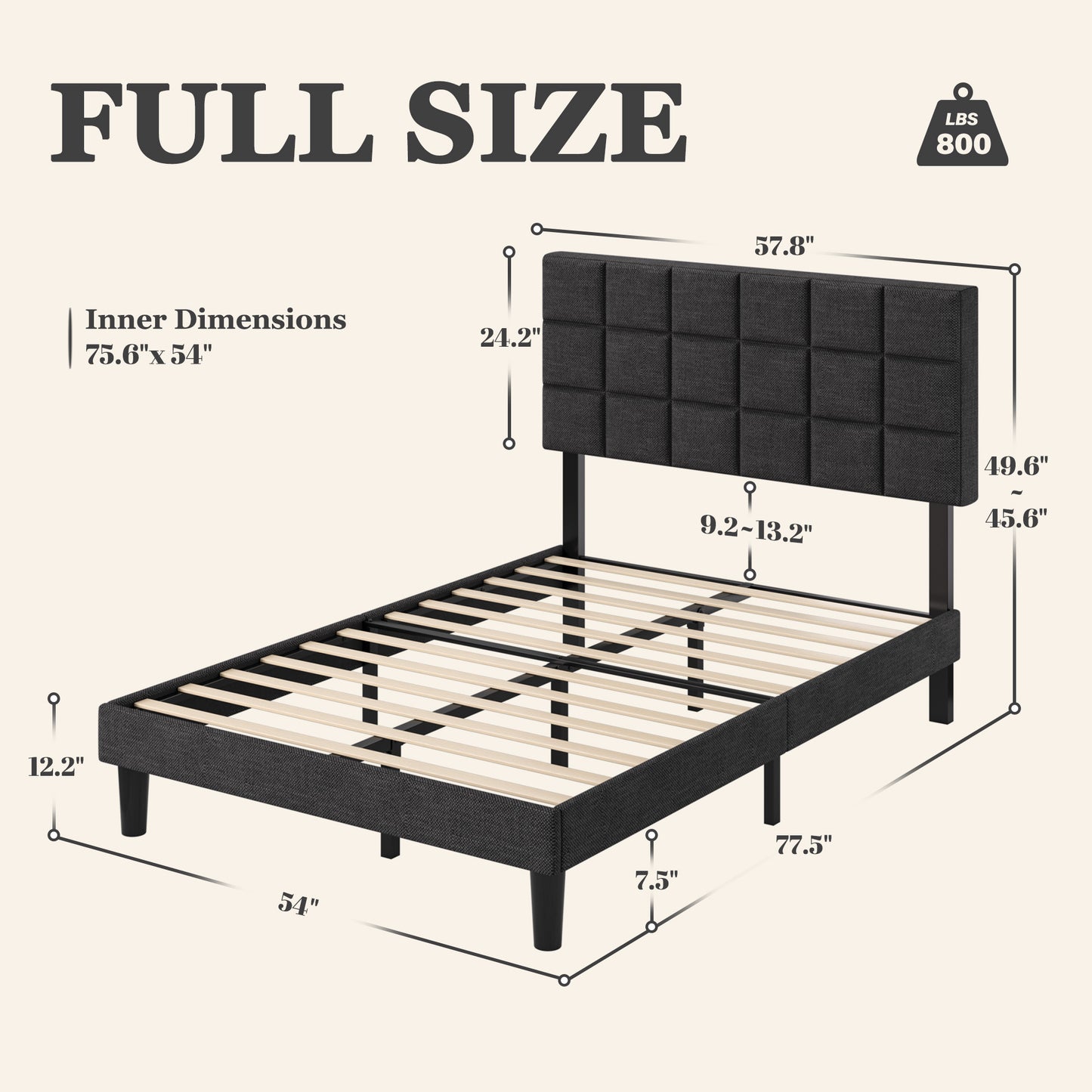 Fluest Platform Bed Frame with Linen Upholstered Adjustable Tall Headboard, No Box Spring Needed, Anti-Noise EVA Sponge, Easy Assembly, One-Box Shipping, 7.5 Inch Under Bed Storage