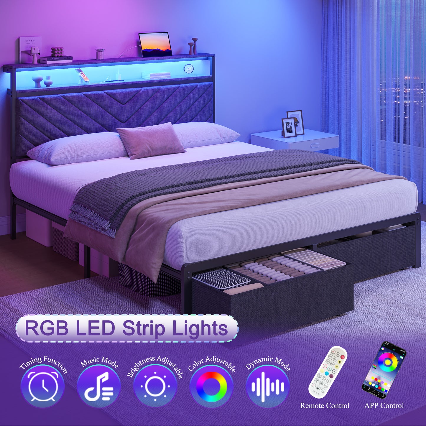 Fluest Queen Bed Frame wit Storage Drawers, Upholstered Headboard with Charging Station, LED Lights, Fabric Drawers with Wheels, Under Bed Storage, No Box Spring Needed, Easy Assembly, Grey