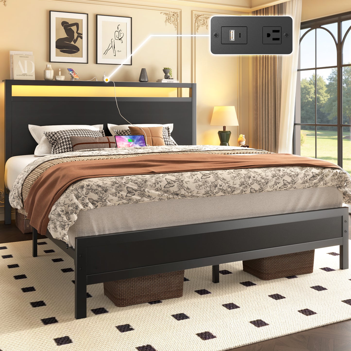 Fluest Queen Bed Frame with Headboard & Footboard, Bed Frame with Built-in Charging Station & LED Light, Storage Shelf, Noise-Free, No Box Spring Needed, Easy Assembly