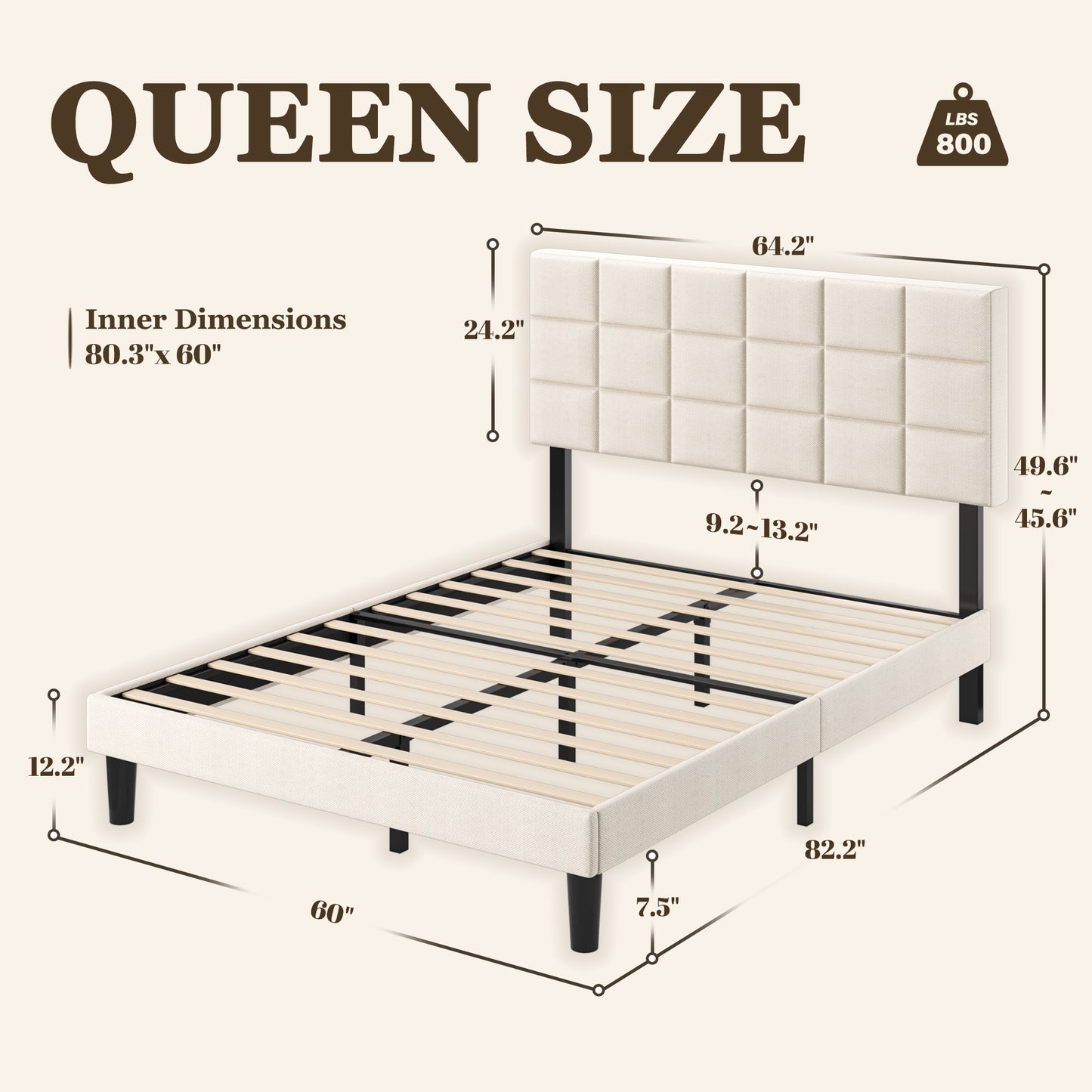 Fluest Platform Bed Frame with Linen Upholstered Adjustable Tall Headboard, No Box Spring Needed, Anti-Noise EVA Sponge, Easy Assembly, One-Box Shipping, 7.5 Inch Under Bed Storage