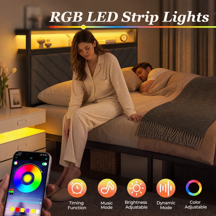 Fluest Queen Bed Frame with Upholstered Headboard, USB Port and LED Light, 2 Storage Drawers, Linen Gray