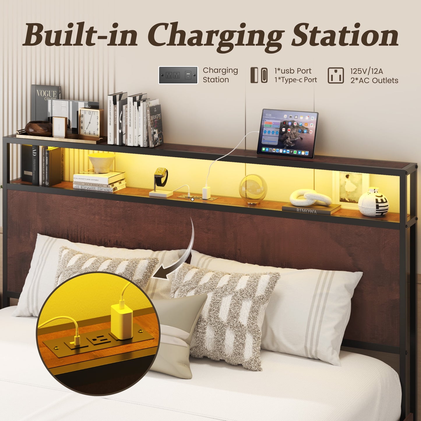Fluest Queen Bed Frame with USB Port and LED Light, 2-Tier Storage Headboard, 4 Storage Drawers, Rustic Brown