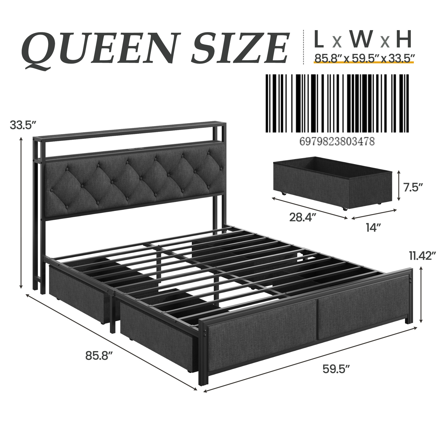 Fluest Queen Bed Frame with Headboard, Storage Drawers, Fast Charging Station, Led Lights, Bed Frame Queen Size with Fabric Drawers, Metal Structure, No Box Spring Needed, Easy Assembly