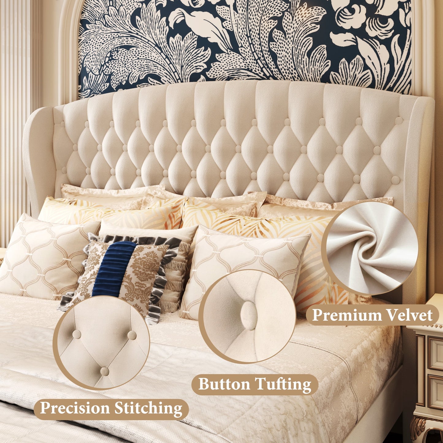 Queen Bed Frame, 42" Tall Velvet Upholstered Sleigh Bed with Wingback Headboard & Scroll Footboard, No Box Spring Needed, Sturdy Support, Easy Assembly, Noise Free, Button Tufted, Beige