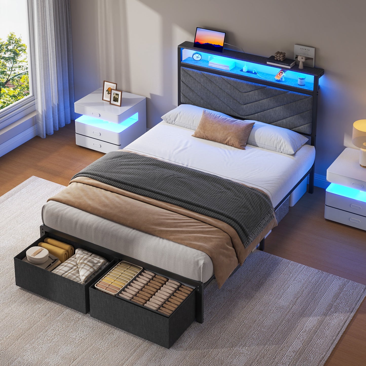 Fluest Twin Bed Frame with 2-Tier Storage Headboard, USB Port and LED Light, 2 Storage Drawers, Gray