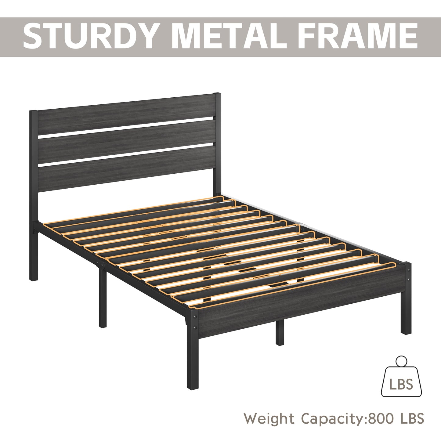 Fluest Full Size Bed Frame with Headboard and Footboard,Metal Support,No Box Spring Needed, Gray