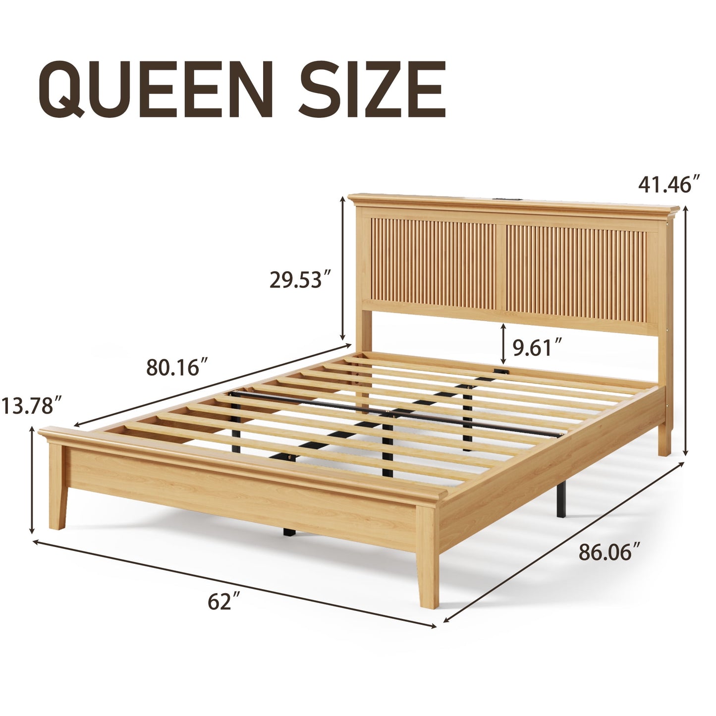 Solid Wood Queen Bed Frame, Platform Bed with High Headboard and Charging Station, Natural