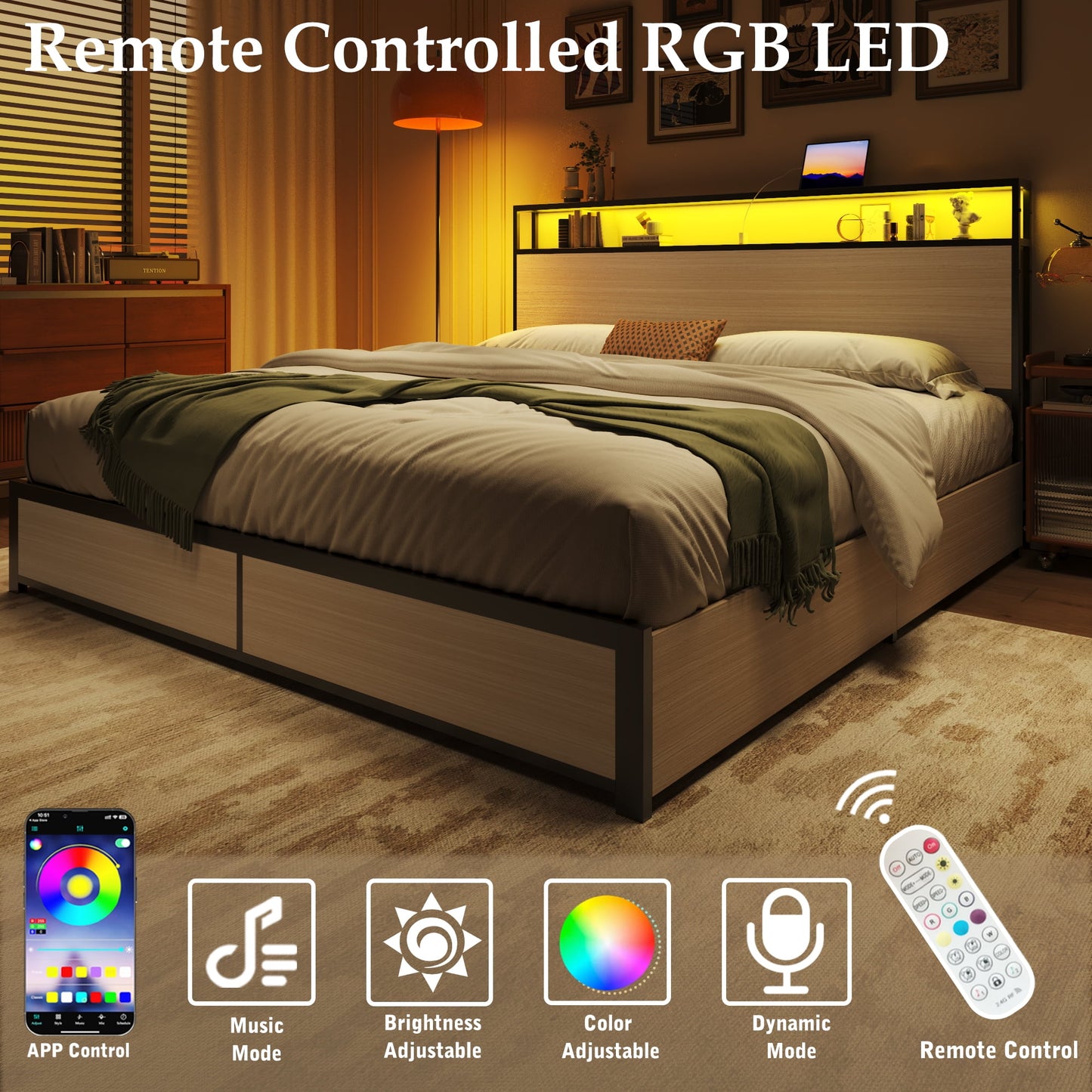 Fluest King Bed Frame with 2-Tier Storage Headboard, USB Port and LED Light, 4 Storage Drawers, Beige