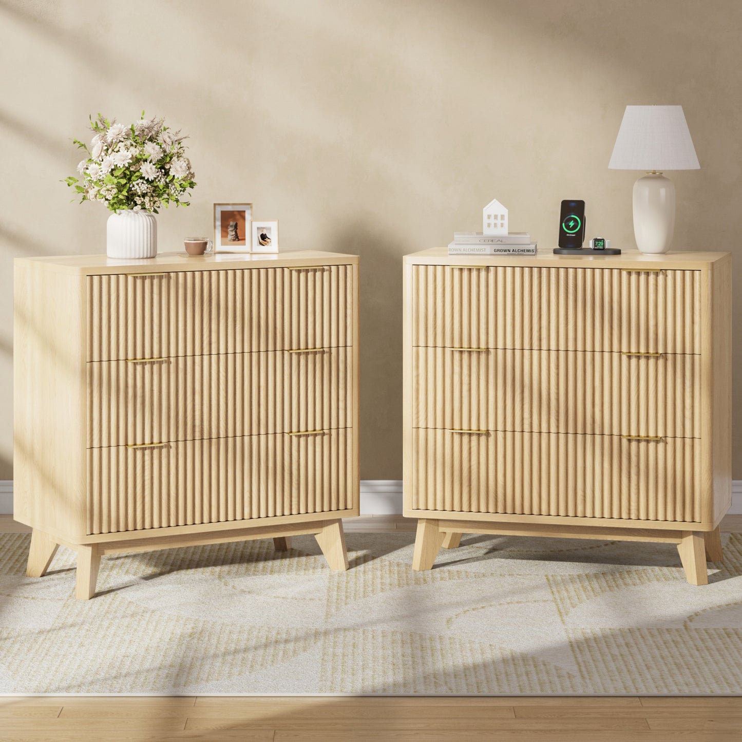 Fluest 32” Wide Nightstands with Fast Charging Station, 32’’ Tall Fluted Night Stand with 3 Large Drawers, Modern End Table Beside Table for Bedroom, Living Room, Curved Profile Design, Anti-Tip Design