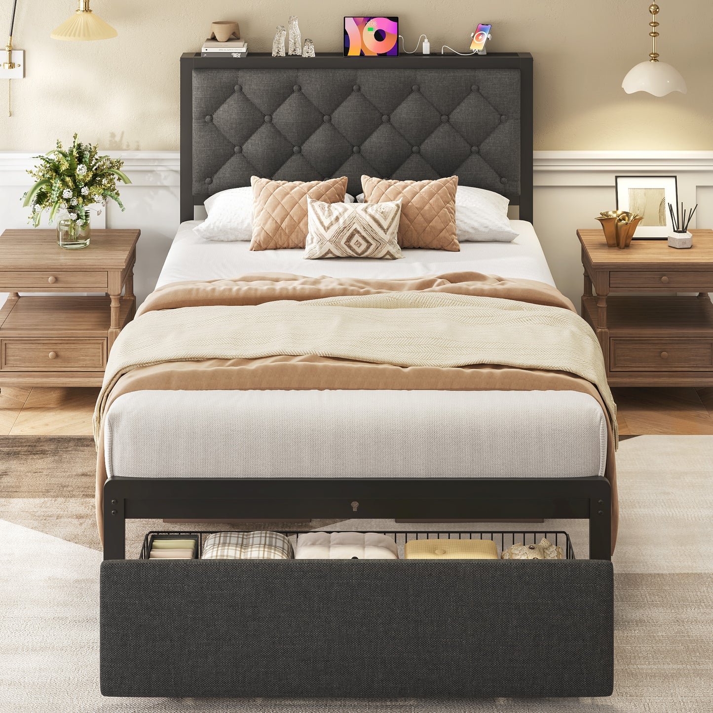 Queen Bed Frame with 2 Storage Drawers, Upholstered Headboard Button Tufted Bed Frame with Charging Station, No Box Spring Needed, Noise-Free, All Metal Structure, Black