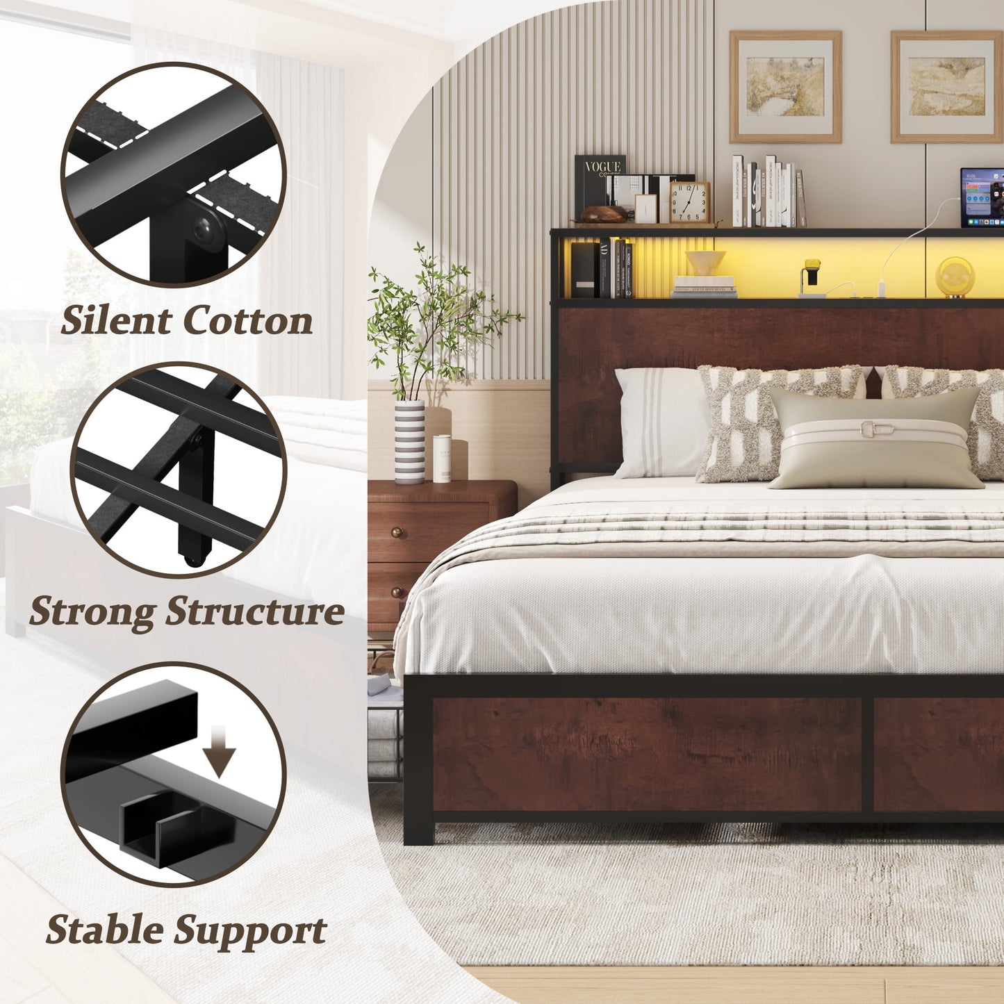 Fluest Queen Bed Frame with USB Port and LED Light, 2-Tier Storage Headboard, 4 Storage Drawers, Rustic Brown
